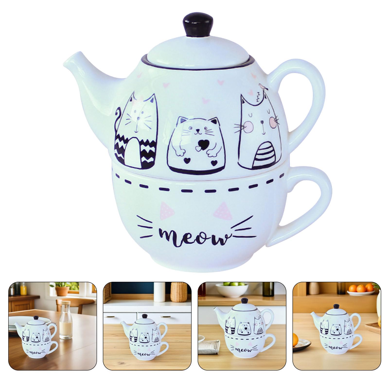 Juego de Tetera con Diseño de Gato Color Claro de Cerámica Decoración Creativa y Elegante para Aficionados al Té para Reuniones Personales el Hogar