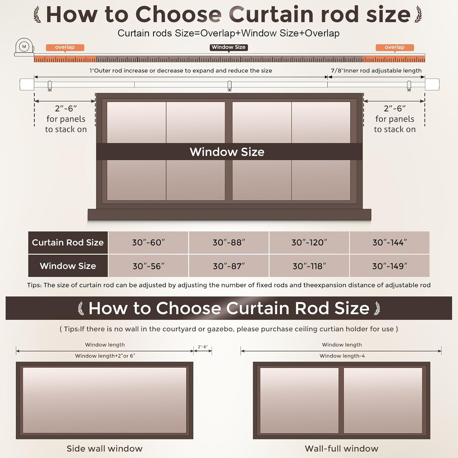 2 Pack Walnut Wood Curtain Rods,1'' Decorative Adjustable Rustic Farmhouse Drapery Rod, Heavy Duty Boho Curtain Pole for Windows 48 to 84 Inch with Imitation Wooden Grain Finials, Size 30"-88"