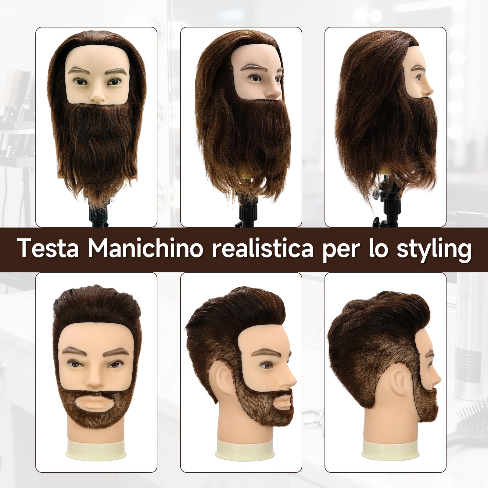 TwoWin 12 pollici (30,5 cm) Testa Manichino da Parrucchiere in Capelli Umani con Barba, Marrone