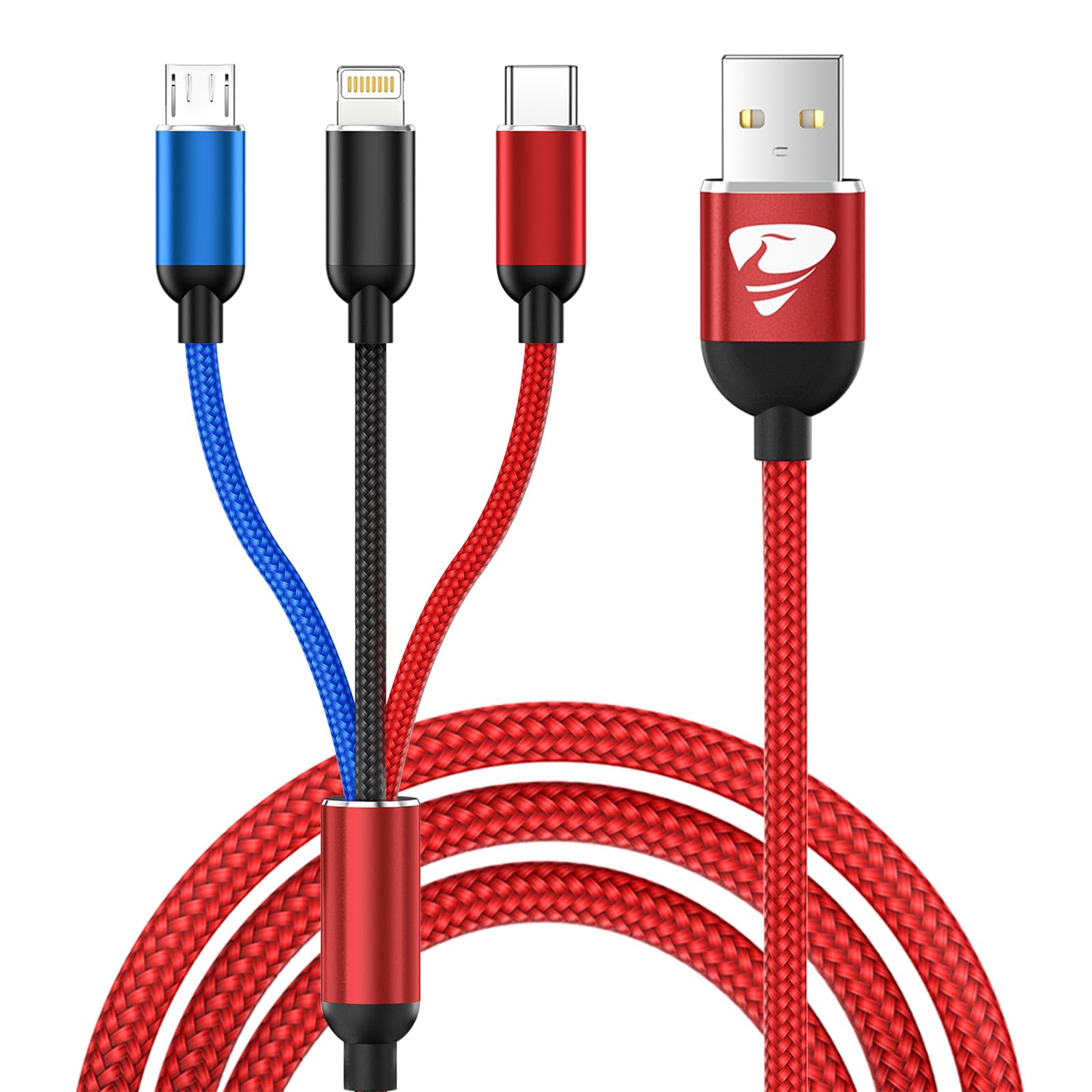 Multi Cavo di Ricarica,3 in 1 Multiplo Cavo USB Type-C 1.2M Ricarica Rapida Filo Caricabatterie Nylon Intrecciato Cavetto Micro USB Tipo C Lightning per Samsung iPhone Huawei Redmi Android OPPO,Rosso