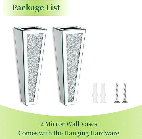 Miniatura 7 de Hewory - Jarrones de pared de espejo para decoración, 2 jarrones plateados colgantes de 11.2 pulgadas de alto para flores, florero grande con espejo