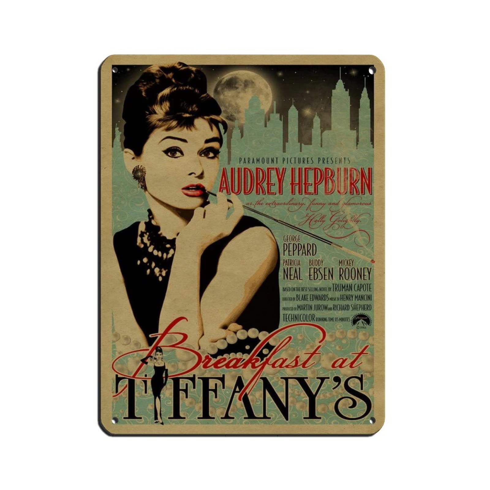 Fukitt Audrey Breakfast At Tiffany's Hepburn Poster (1) Tin Sign Vintage Metal Pub Club Cafe Bar Home Wall Art Decoration Poster Retro 12X16inch(30X40cm)
