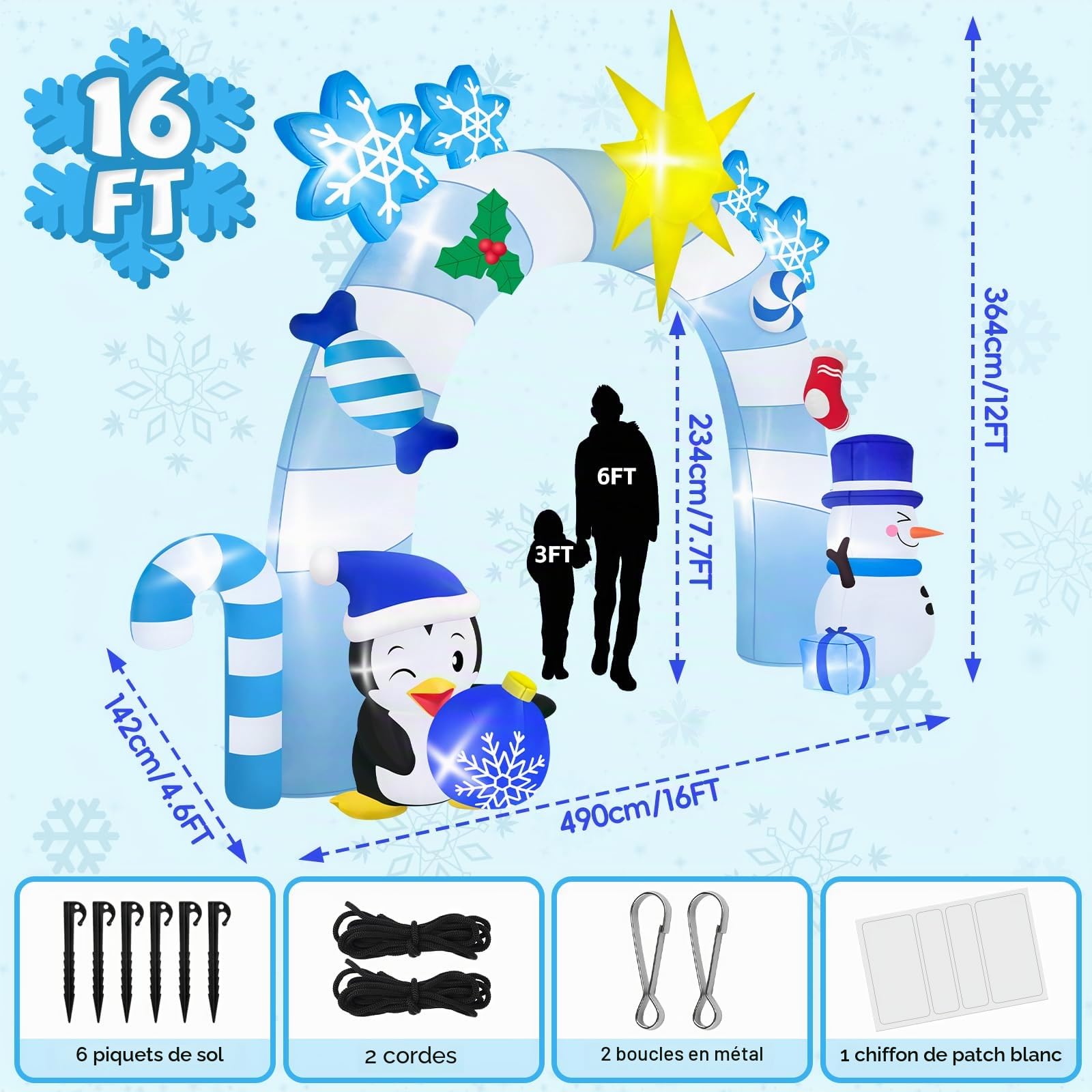 Kalolary 12 Pieds Gonflable de Noël Arcade Hiver Bleu Pingouins | Bonhommes Neige Arche Gonflable Noël Décoration extérieure pour Maison Fête Vacances Pelouse Jardin Centre Commercial Rue