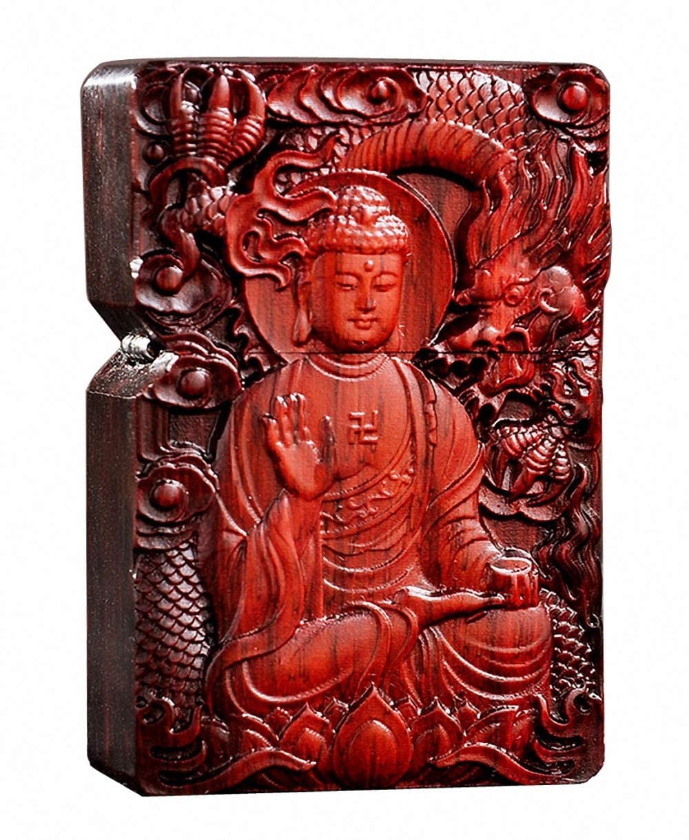 Buddha Meidai Natural Red Sandalwood Rosewood Carving Lighter，Replaceable For Zippo (Only Case), Compatible Insert Size 3.6Cm * 1.2Cm * 5Cm，Lighter Housing (Buddha)