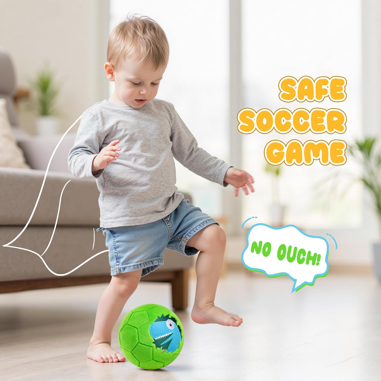 ZOOJOY Soft Balls for Toddlers 1-3, Silent Indoor Soccer Ball Size 3, Plush Inflatable House Ball for Kids 3-5, Kickball Toys First Birthday Gifts for Baby Boys Girls, Green Dinosaur, Pump Include