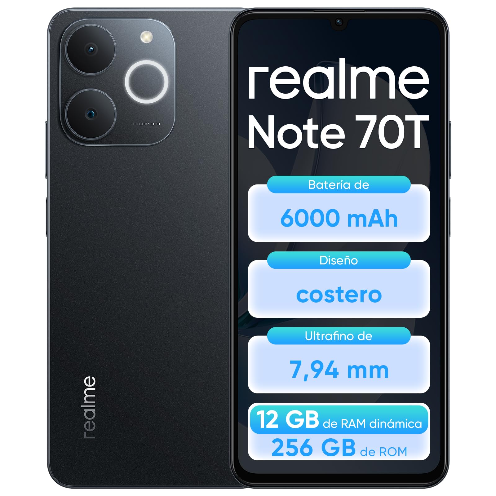 realme Note 70T, 4+256GB Smartphone, Pantalla HD de 6,75'' y 90Hz