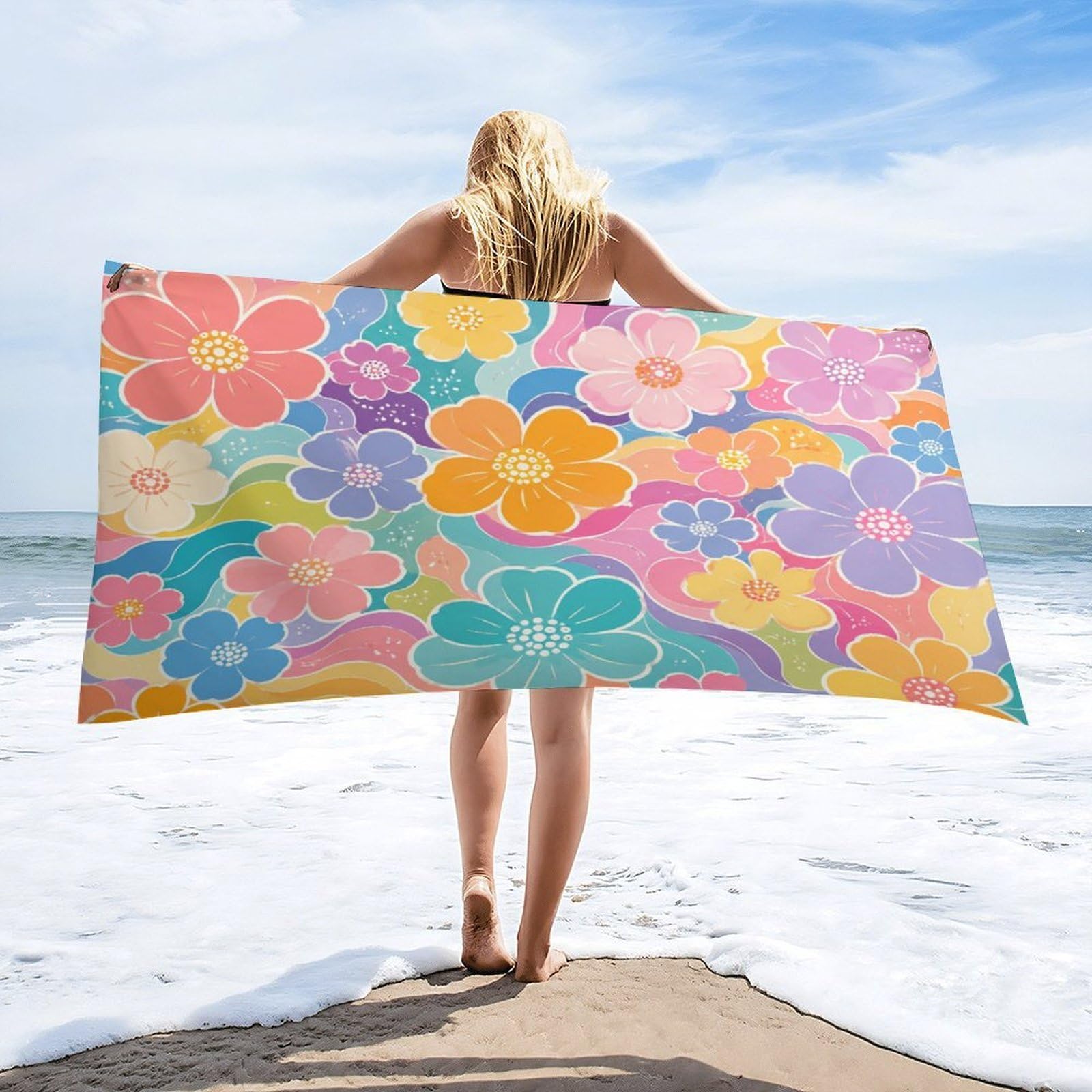 Anceky Colorful Floral Beach Towel 32"×63",Soft Microfiber Bath Towel Shawl, Quick Dry Absorbent Pool Spa Gym Shower Towel