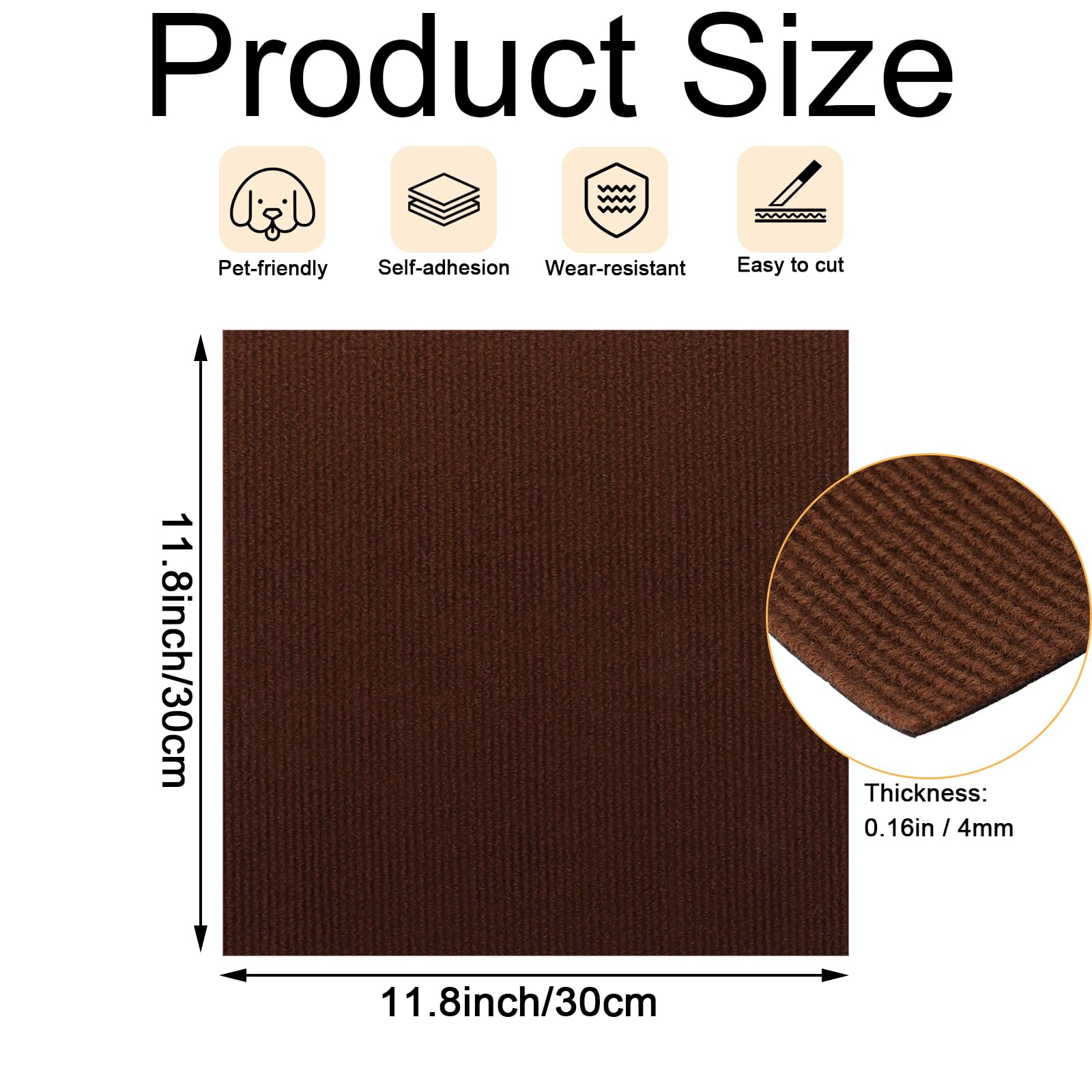 Lot de 30 carreaux de moquette carrés antidérapants faciles à décoller et à coller, pour salon, chambre à coucher et salle de sport Marron 30,5 x 30,5 cm