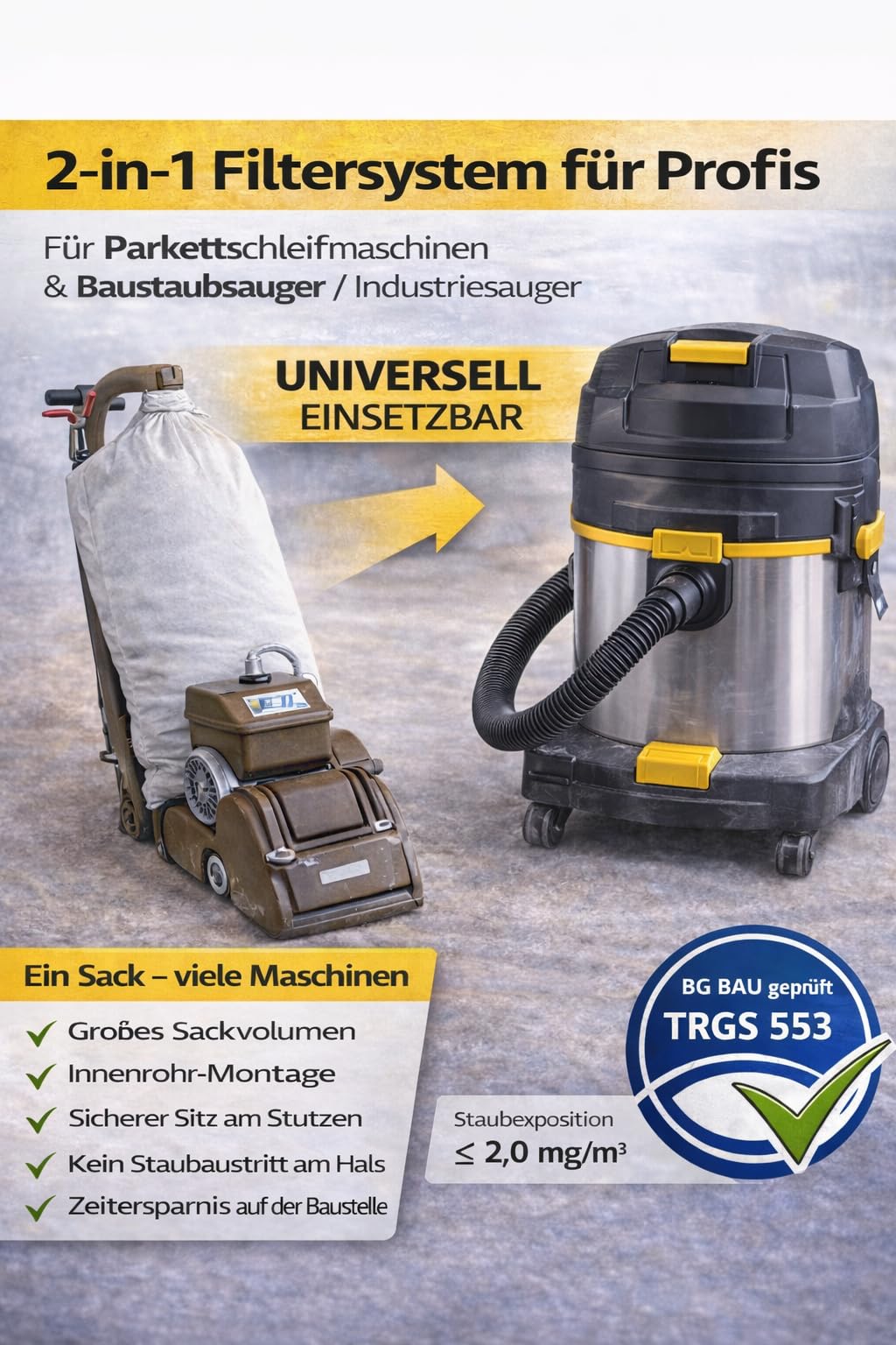 5x Staubsack & Filtersack 2-in-1 für Baustaubsauger & Parkettschleifer – TRGS 553 & BG Bau konform – Reißfester Einweg-Beutel für Lägler, Bona, Bosch, Kärcher WD, Industriesauger & Entstauber