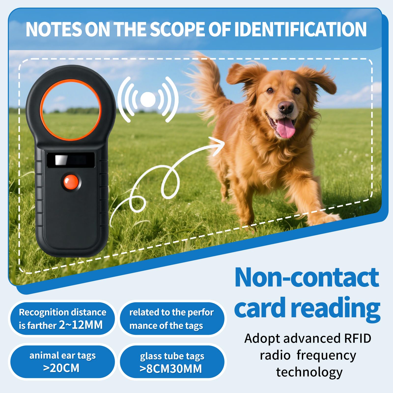 ARCELI Lecteur de Puce pour Animaux, Lecteur Puce Animaux, Lecteur de Puce pour Chiens/Chats, Lecteur de micropuce RFID, 134,2KHz, 128 Tag Memory, ISO11784/85/HFDX-B/EMID