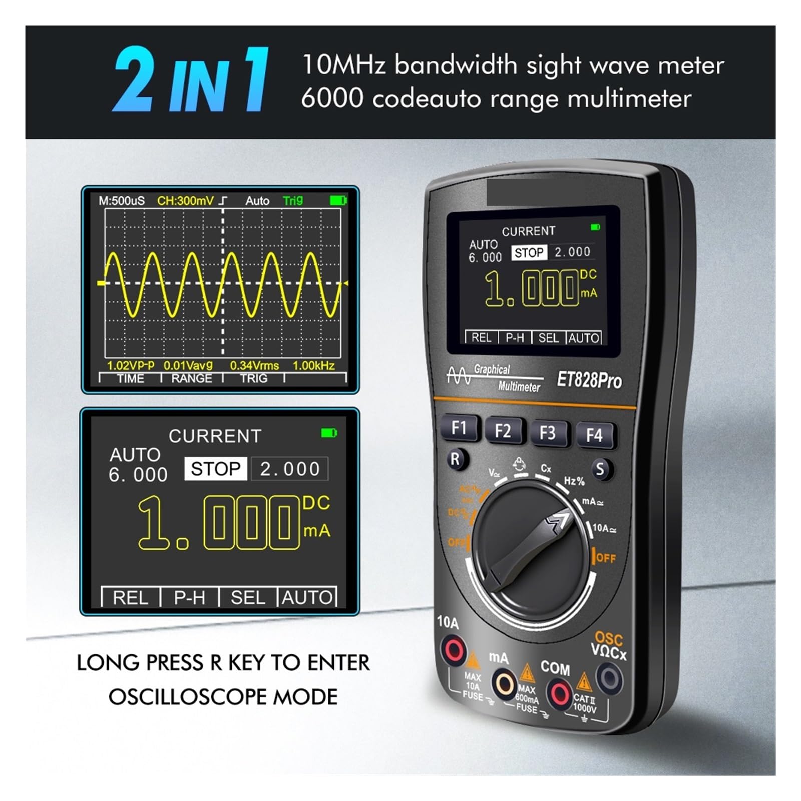 Osciloscopio Digital Osciloscopio portátil ET828Pro de 10MHz, Herramienta Prueba multímetro True RMS 6000 Cuentas