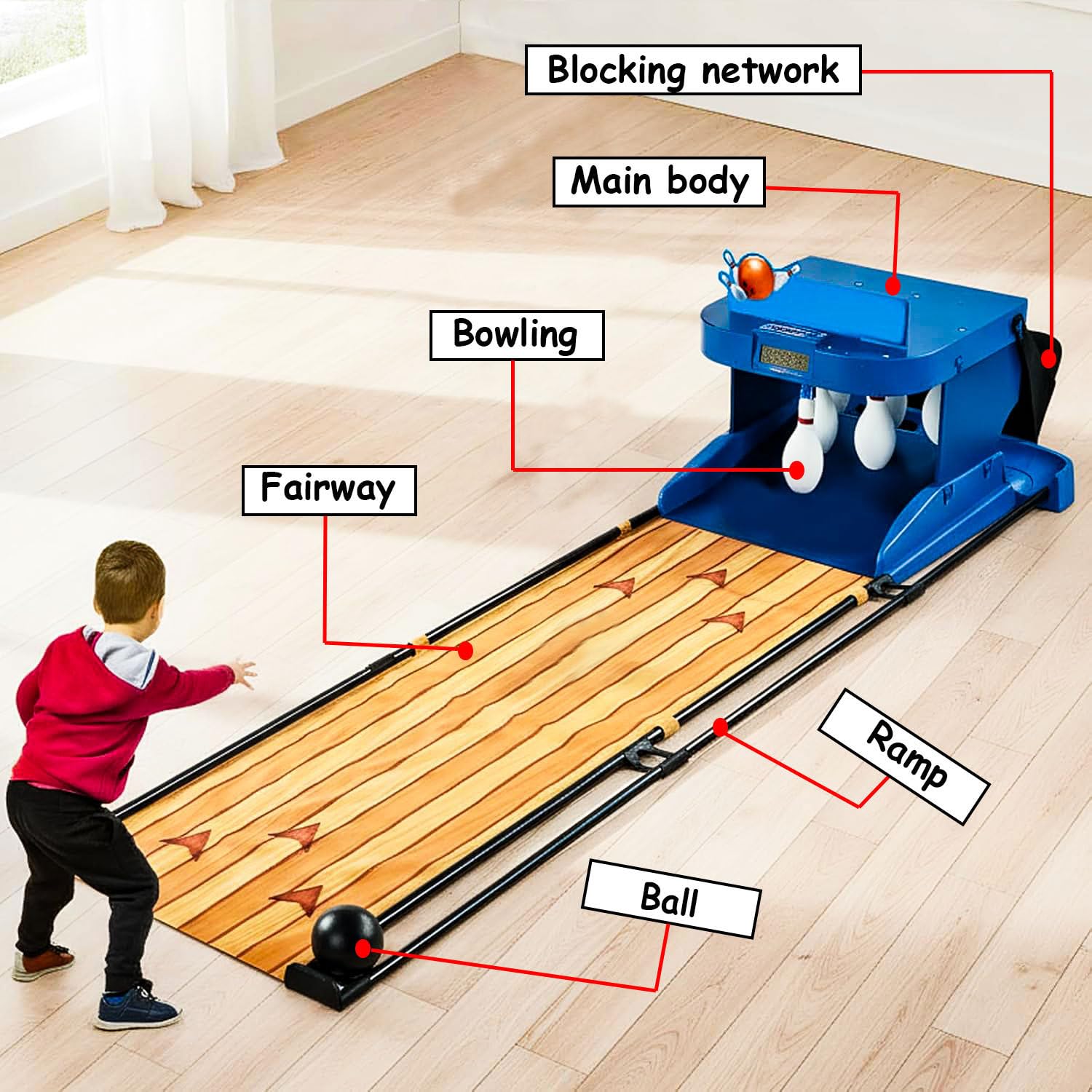 Macchina da bowling elettronica pieghevole con contatore di punteggio a LED, birilli a ripristino automatico, simulatore di bowling per interni, set da bowling per il tempo libero a casa. 3.5m/11.48ft