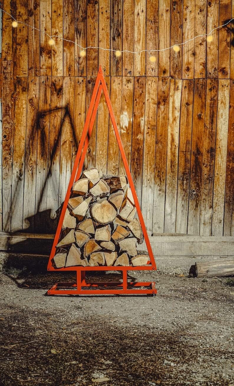 Stand Wallah Firewood Rack Metal Christmas Tree Log Holder Decorative Firewood Storage Fireplace Accessory Holiday Wood Organizer New Year Gift Red-image-47