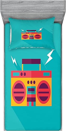 Lunarable Music Fitted Sheet & Pillow Sham Set, Ghetto Blaster Audio Retro Boombox with a Long Shadow, Decorative Printed 2 Piece Bedding Decor Set,