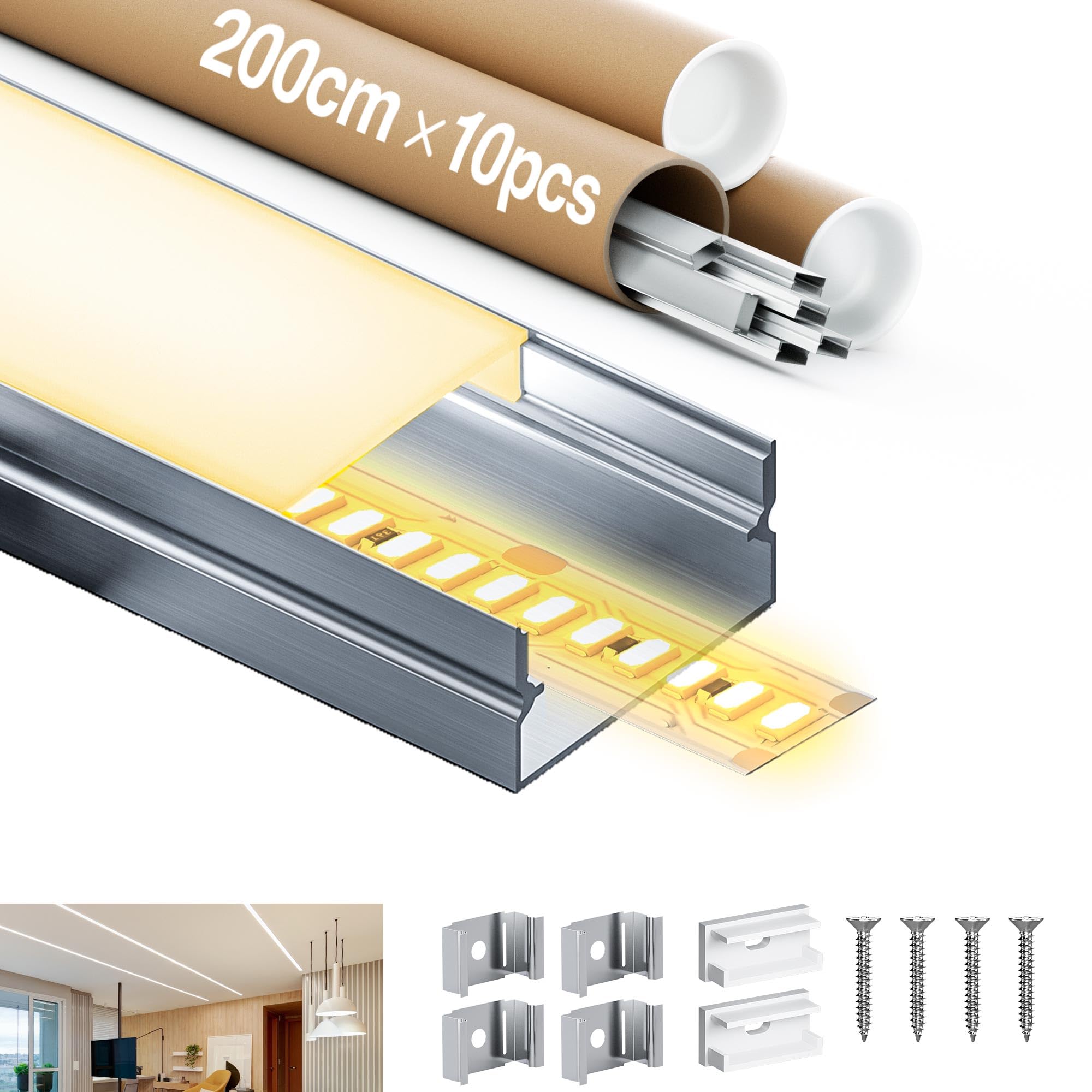 Profilé Aluminium 1m Pour Ruban LED - Cache Blanc Laiteux - Lot De 5 Avec Accessoires