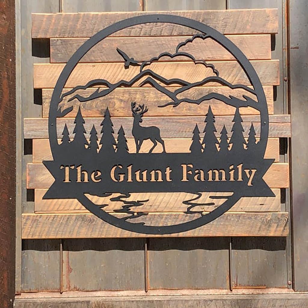 RealSteel Personalized Mountain Metal Wall Art with Deer – Custom Name Cabin Sign | Rustic Outdoor Lodge & Lake House Décor | Laser-Cut Steel Wall Hanging | Wedding & Housewarming Gift | Made in USA