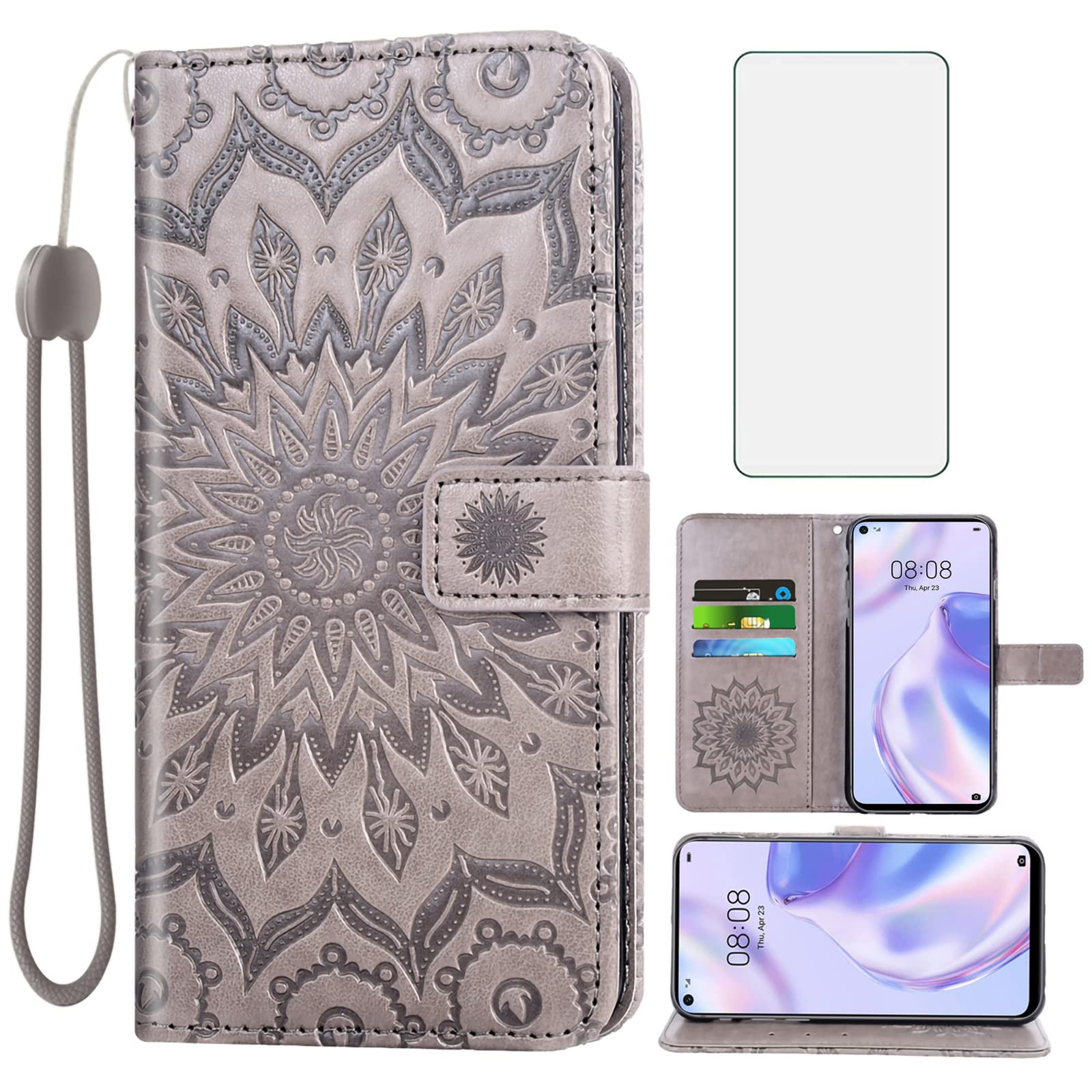 Asuwish Phone Case for Huawei P40 Lite 5G Wallet with Tempered Glass Screen Protector Leather Slim Flip Cover Card Holder Stand Accessories Hawaii Nova 7 SE 5G P40Lite P 40 40Lite G5 Women Men Gray