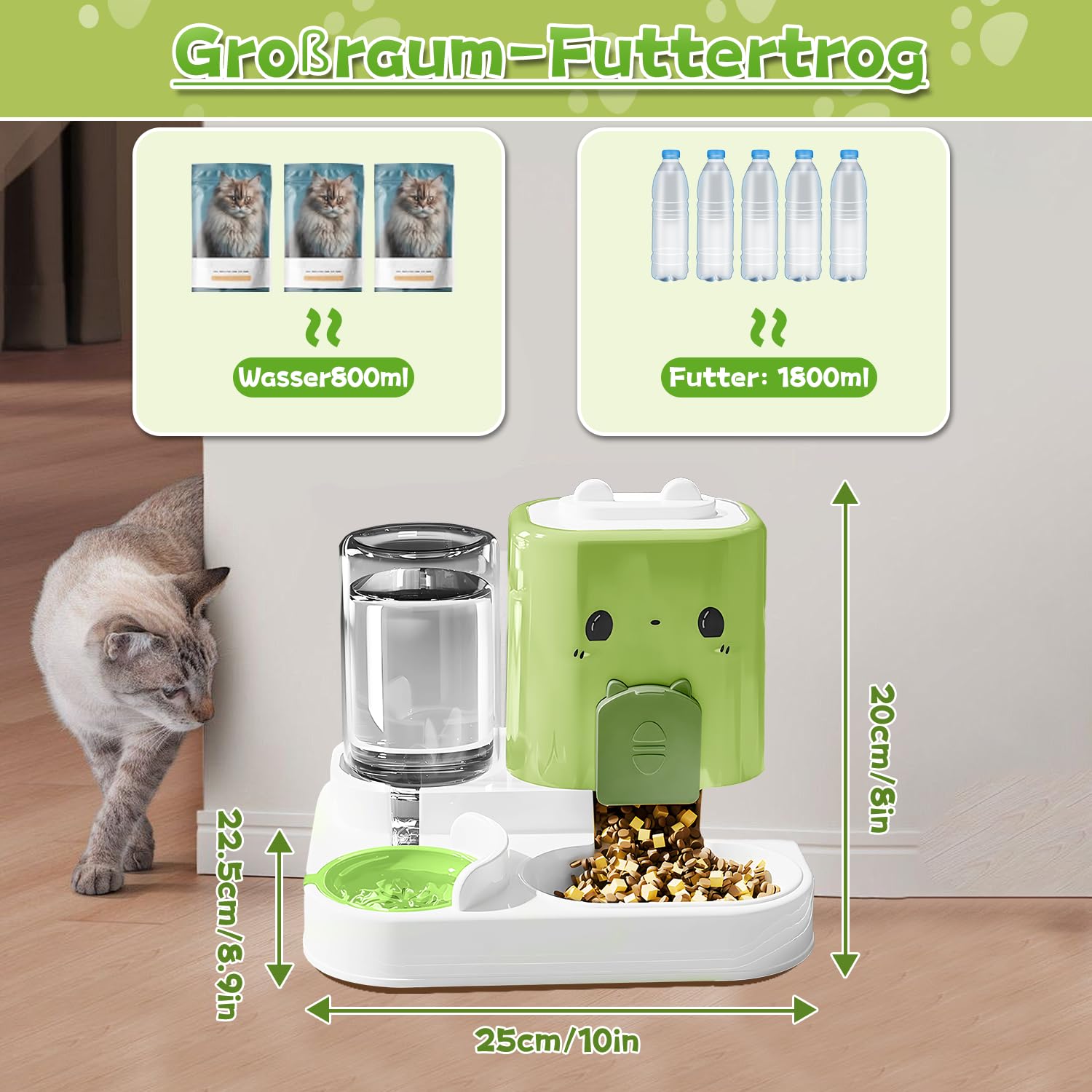 Automatischer Futterspender für Katzen/Hunde, Futterautomat Katze, 2-In-1 Automatischer Katzenfutter, 0.8l Wasser + 1.8l Katzen Futterautomat für Kleine Hunde, Katz-en