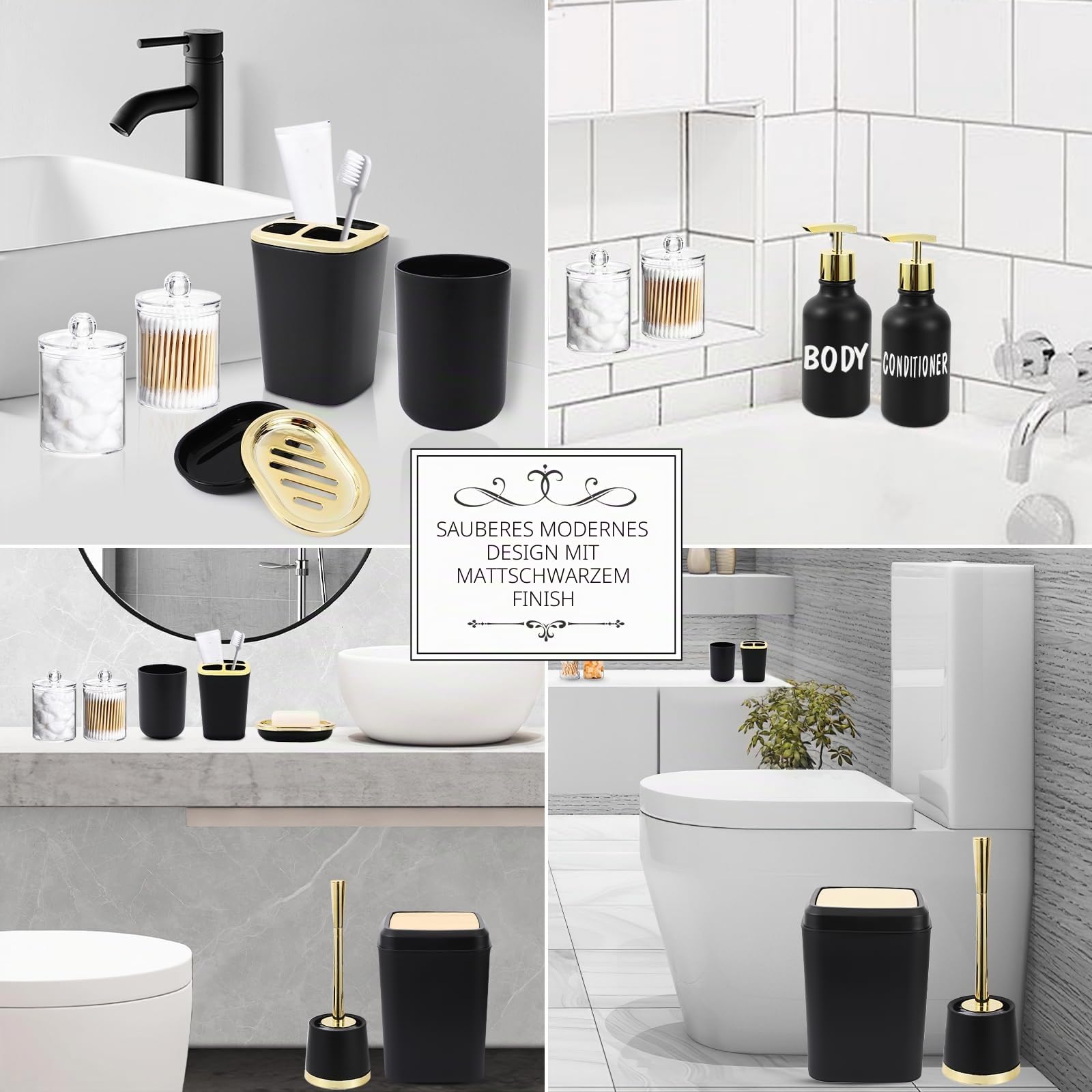 XLHOMO Schwarz und Gold Badezimmer Zubehör Set - 10 Stück Badezimmer Sets mit Mülleimer, Seifenspender, Seifenschale, Zahnbürstenhalter und Becher, Toilettenbürste, Qtip Halter, Badezimmer Zubehör Set