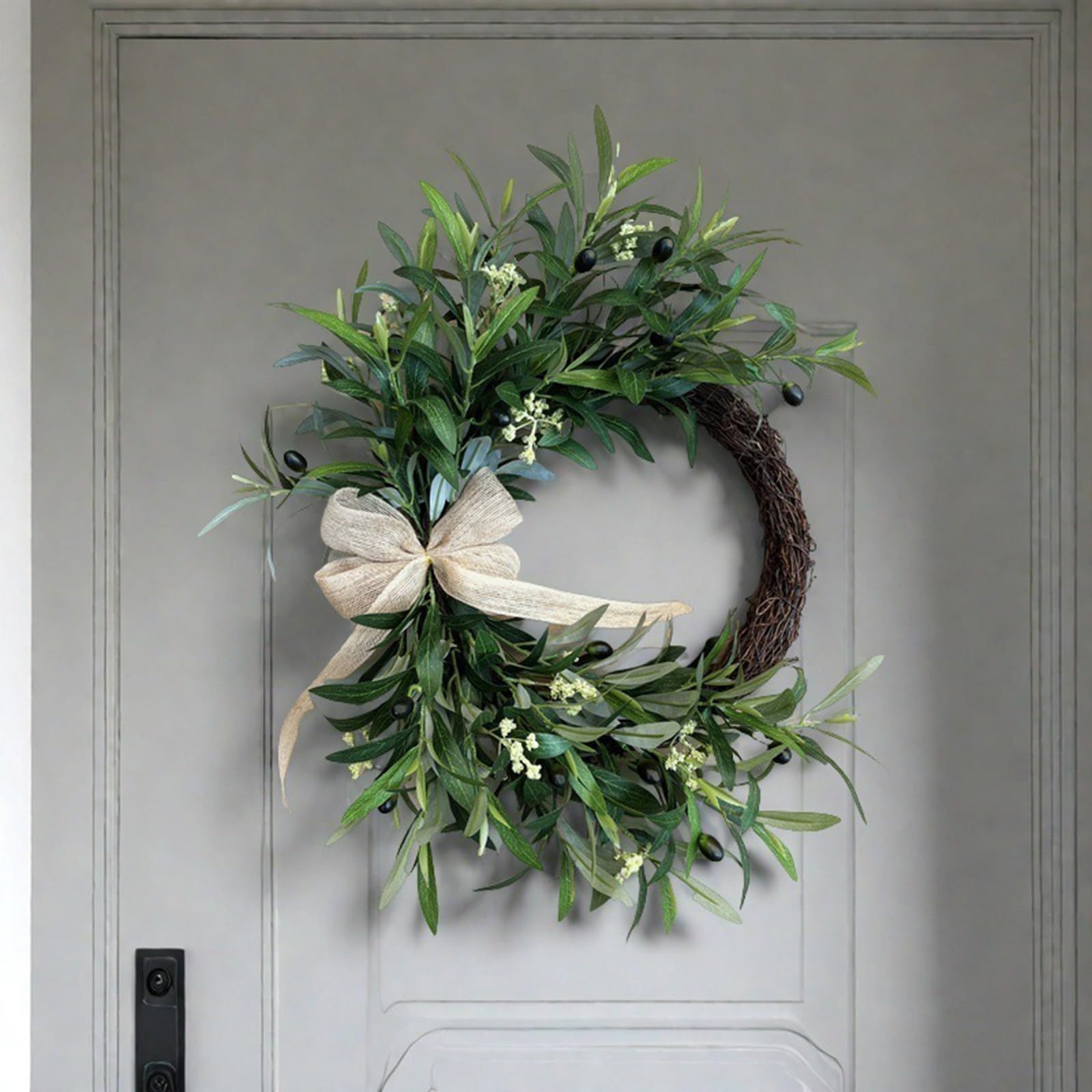 Corona Navideña de Olivo Artificial, Material Plástico, Lazo Decorativo con Flores Simuladas, Ideal para Ocasiones Festivas y Hogares