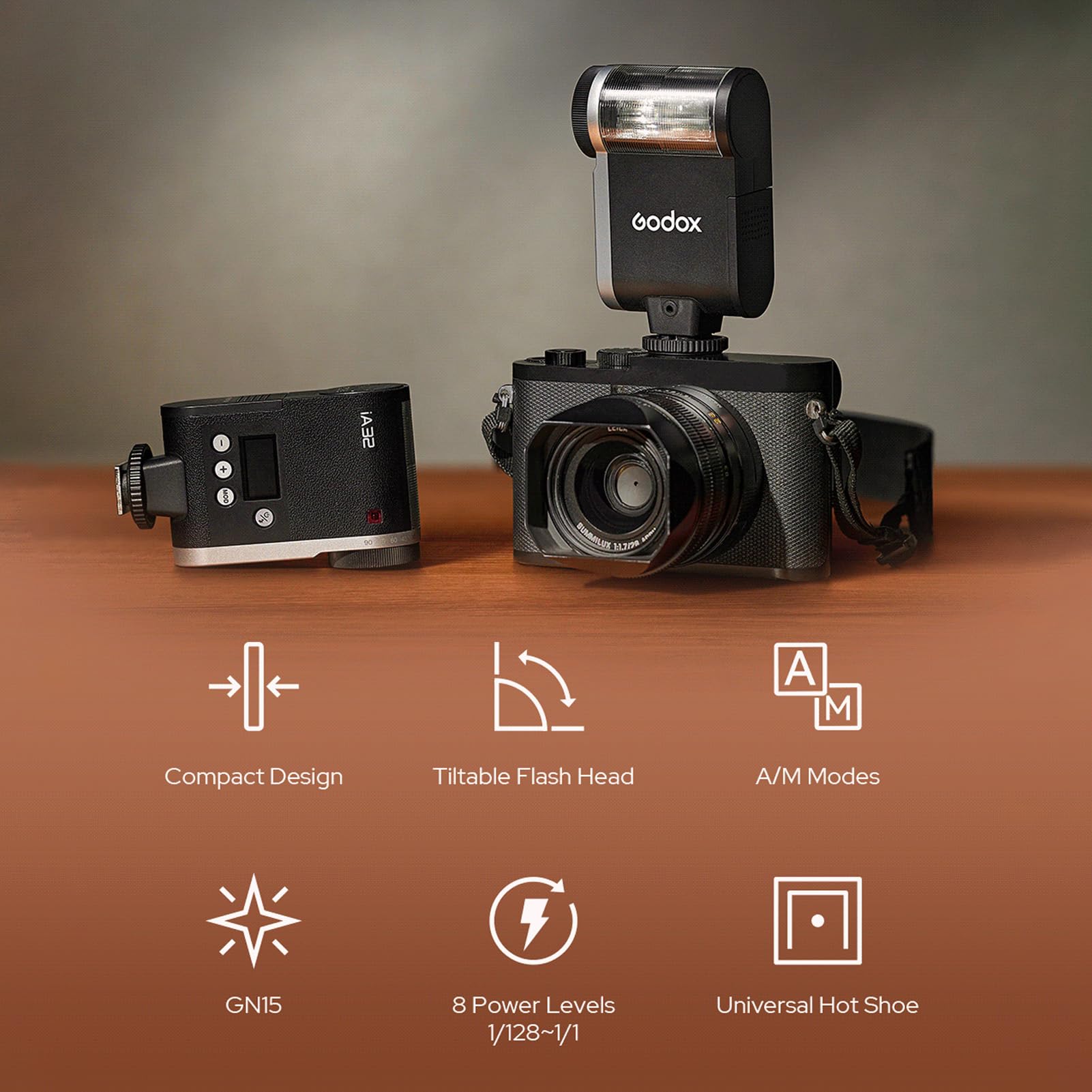 Godox iA32 GN15 Mini kamera błyskowa Speedlite z regulowaną głowicą błyskową, 8 poziomów mocy, tryby ręczne/automatyczne, uniwersalny zamiennik gorącej stopki do aparatu Canon Sony Nikon DSLR