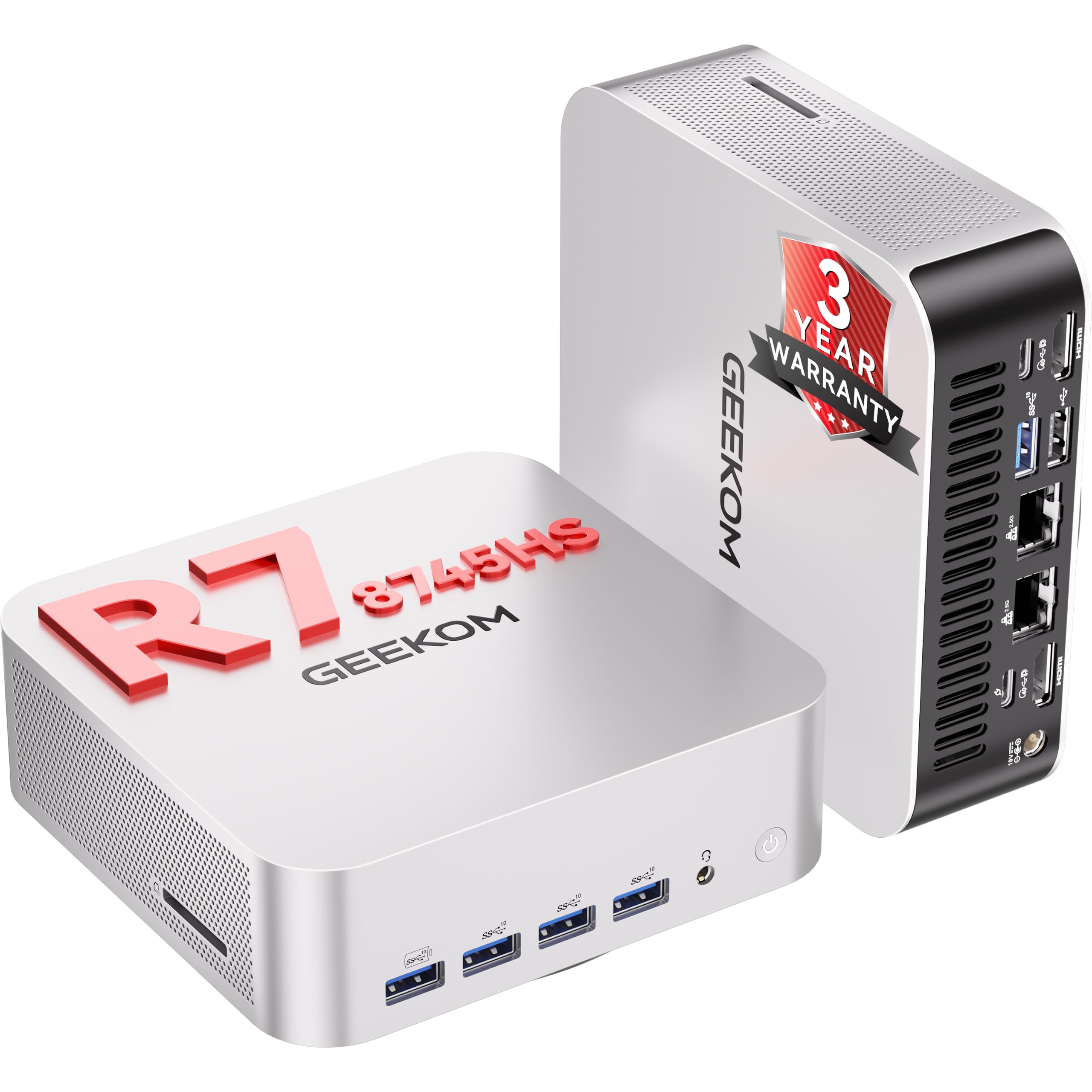 GEEKOM Barebones Mini PC de oficina y edición de video, A8 Max con AMD Ryzen 7 8745HS (Beats H 255/7735hs) sin RAM/SSD/OS (sin memoria), mini computadora de escritorio LAN dual [cobertura de 3 años
