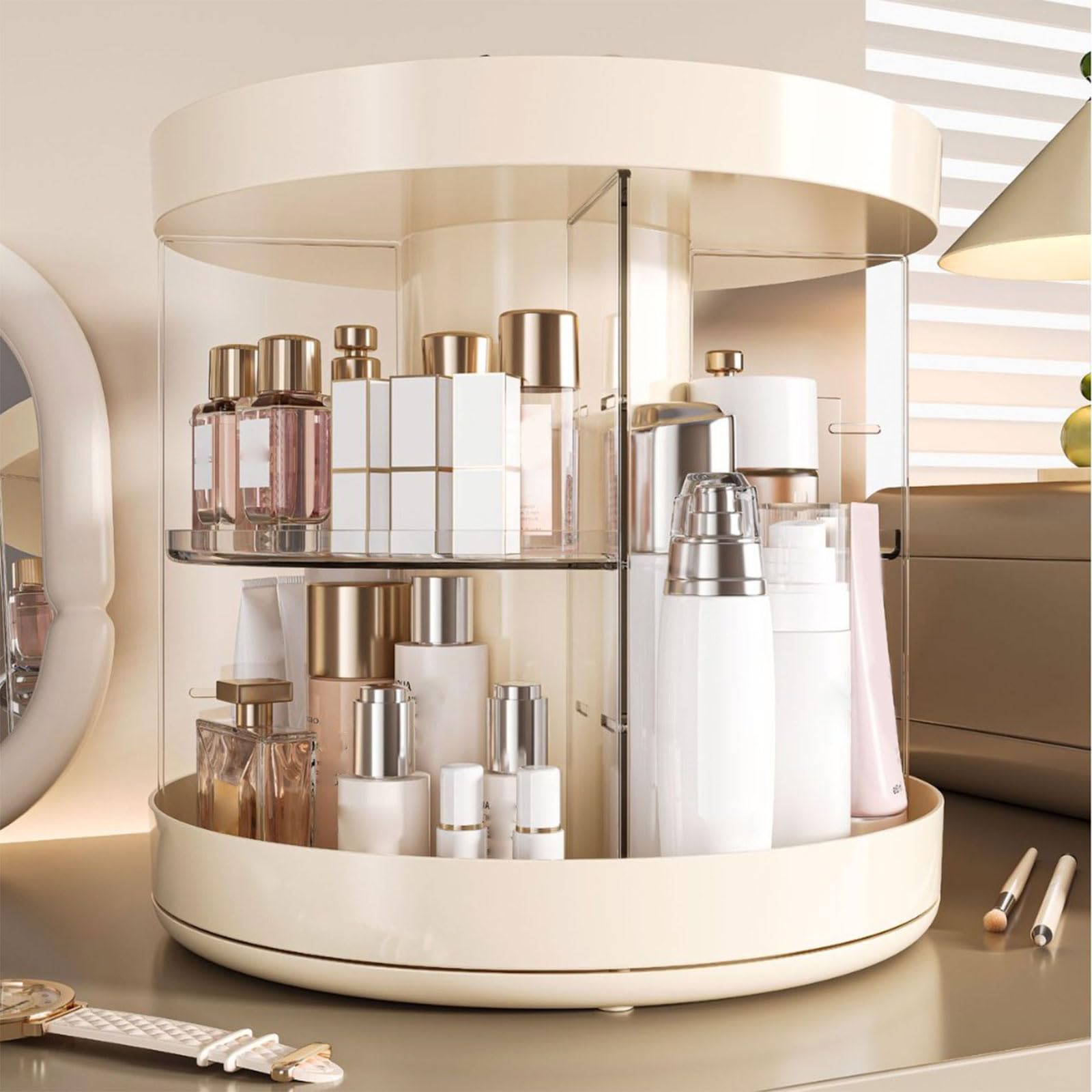 Stilvolles Turn Kosmetikregal mit 3 Fächern, Schreibtischaufbewahrung für Make up Pinsel, Düfte, Schminktisch, Planer