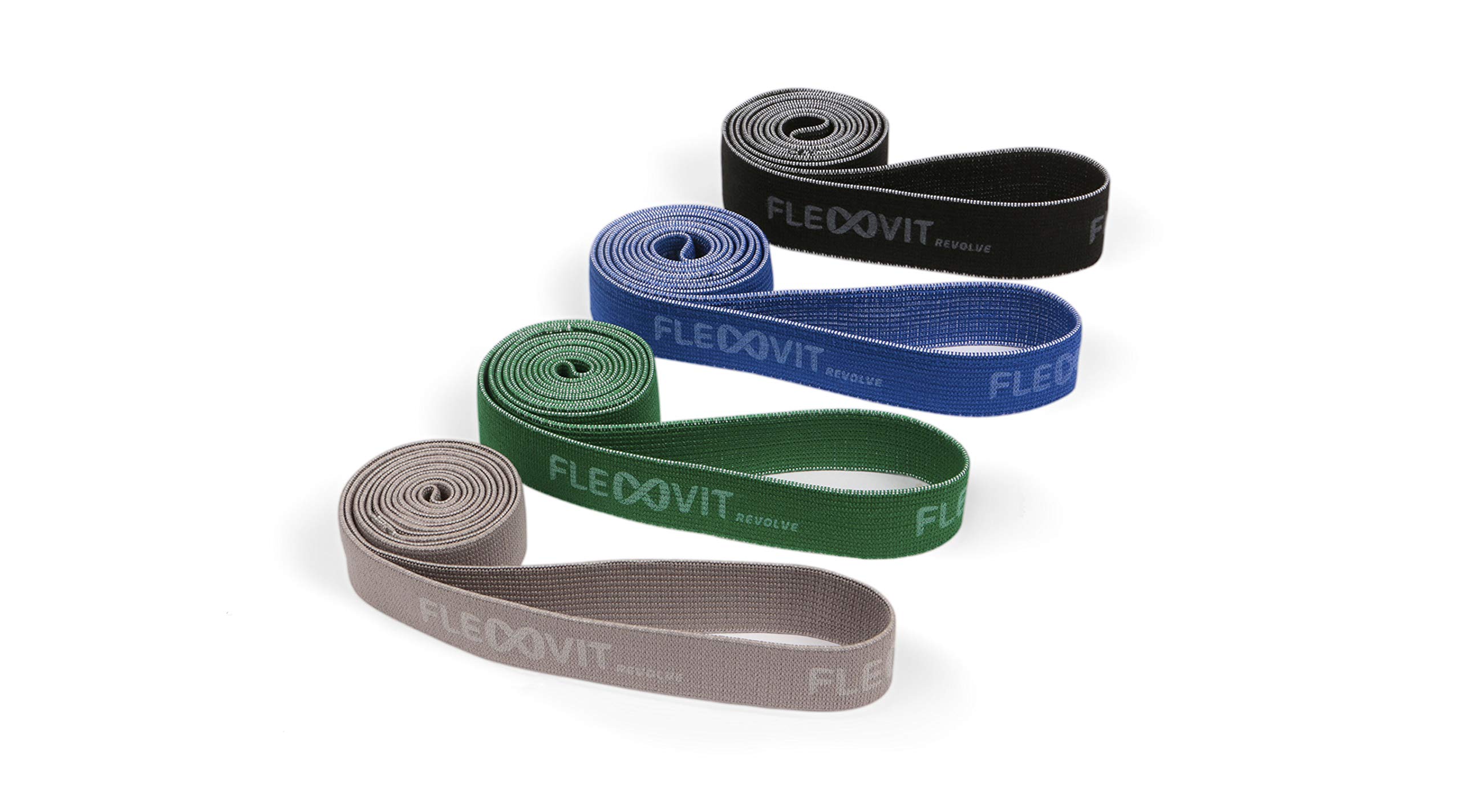 FLEXVIT Revolve zestaw 4 taśm fitness do efektywnego treningu całego ciała, hitu, koordynacji, stabilizacji i skoku, 4 stopnie mocy, dla początkujących i profesjonalistów, nadaje się do prania