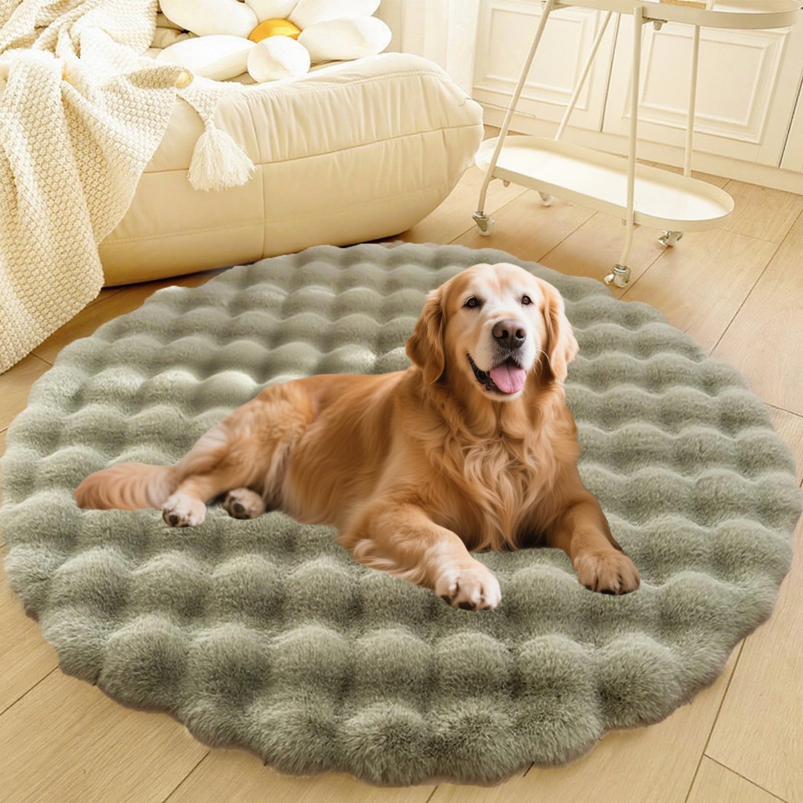 Divano per Cani E Gatti Con Fondo Antiscivolo, Tappeto Rotondo Lavabile, Moderno Letto A Pelo Lungo Da Posizionare Accanto Al Pavimento, Tappetino per Soggiorno(Green,47in)