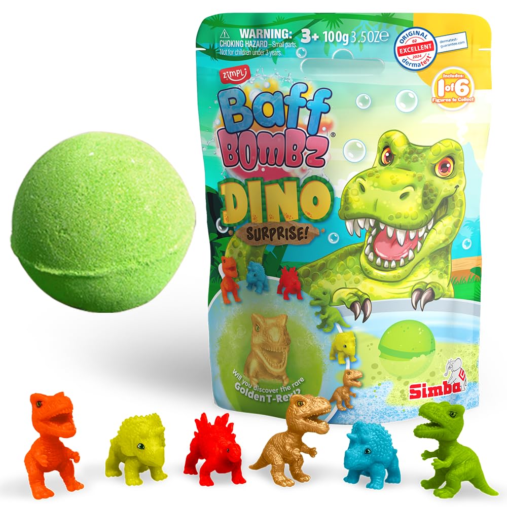 ZIMPLI - Grande Bombe de Bain Dino Surprise, 1 des 6 Jouets Dinosaure Surprise à Collectionner, Un Jouet par Baff Bomb, Jouets Mystère pour Garçons et Filles
