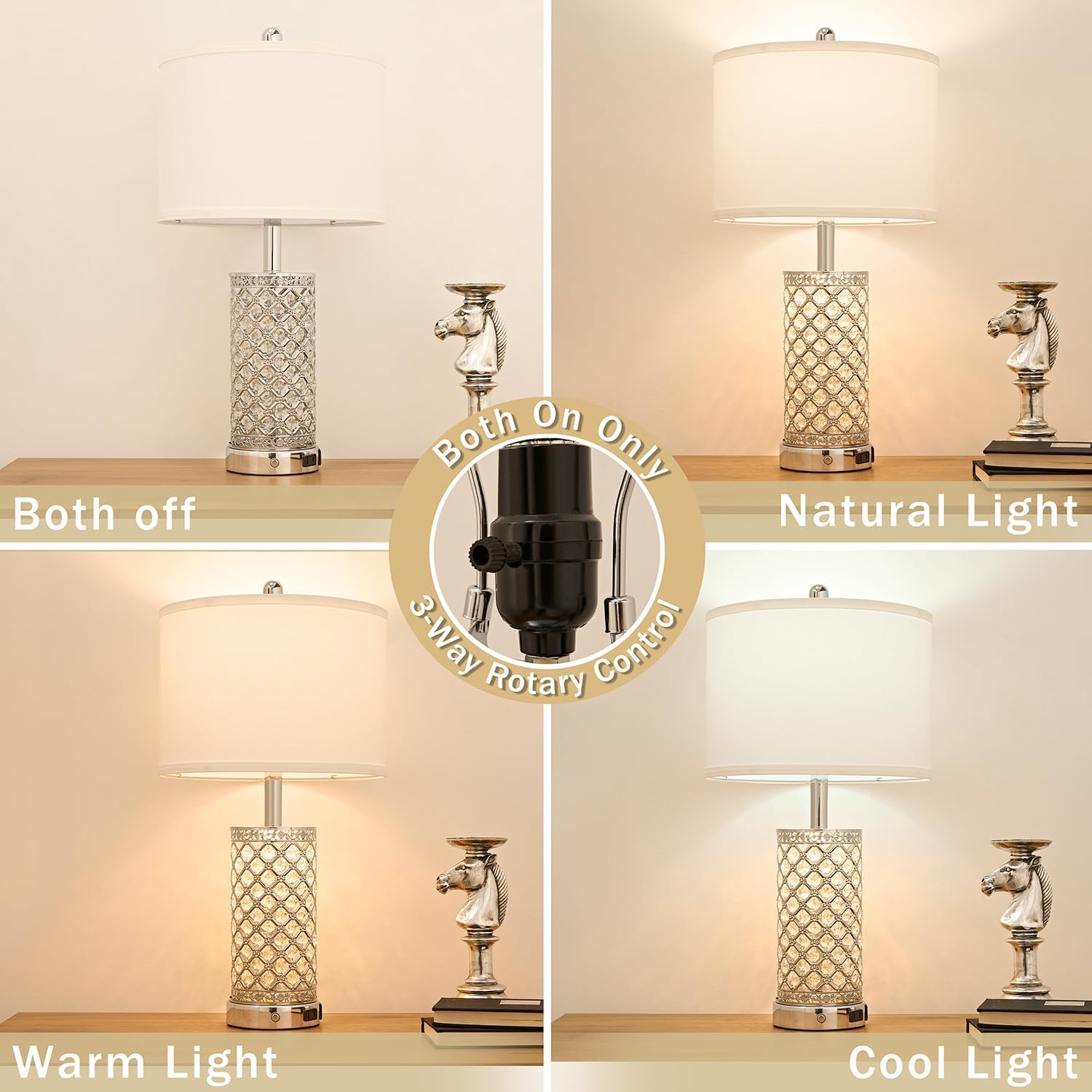 Crystal Table Lamps Set of 2, 3-Way Dimmable Bedside Lamp with 2 USB Ports & AC Outlets for Living Room Bedroom Nightstand Lamp Night Light (Silver- 2 Pack 24In)