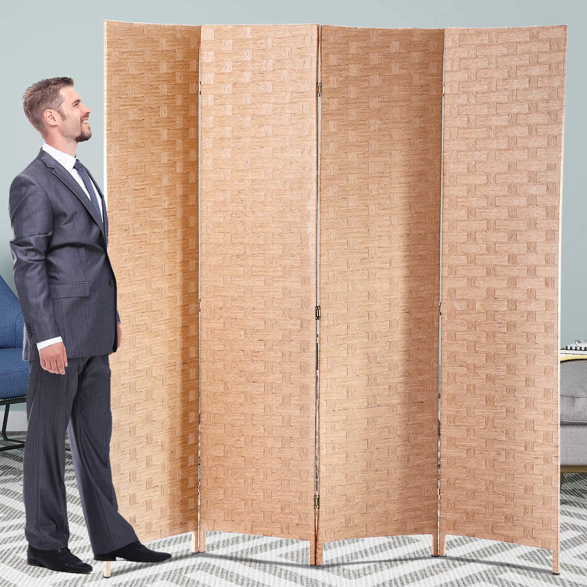 Meet Perfect 4-Panel Room Divider Privacy Screen,6 FT Wooden Woven Folding Screen,Foldable Mesh Wall Divider, Freestanding Room Partitions/Separator/