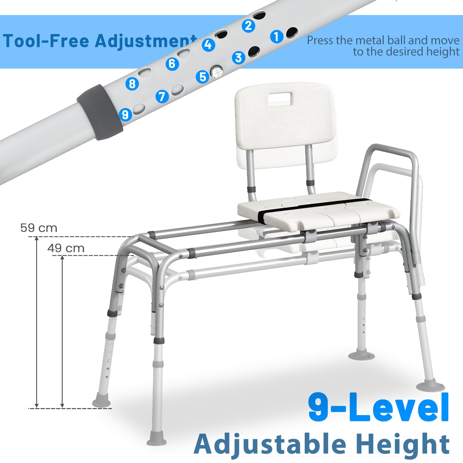 HOMASIS Silla de Ducha para Personas Mayores, Asiento baño para Adulto con Deslizante y Altura Ajustable. Cinturones de Seguridad, Almohadillas Antideslizantes, para Discapacitados, Carga 160kg