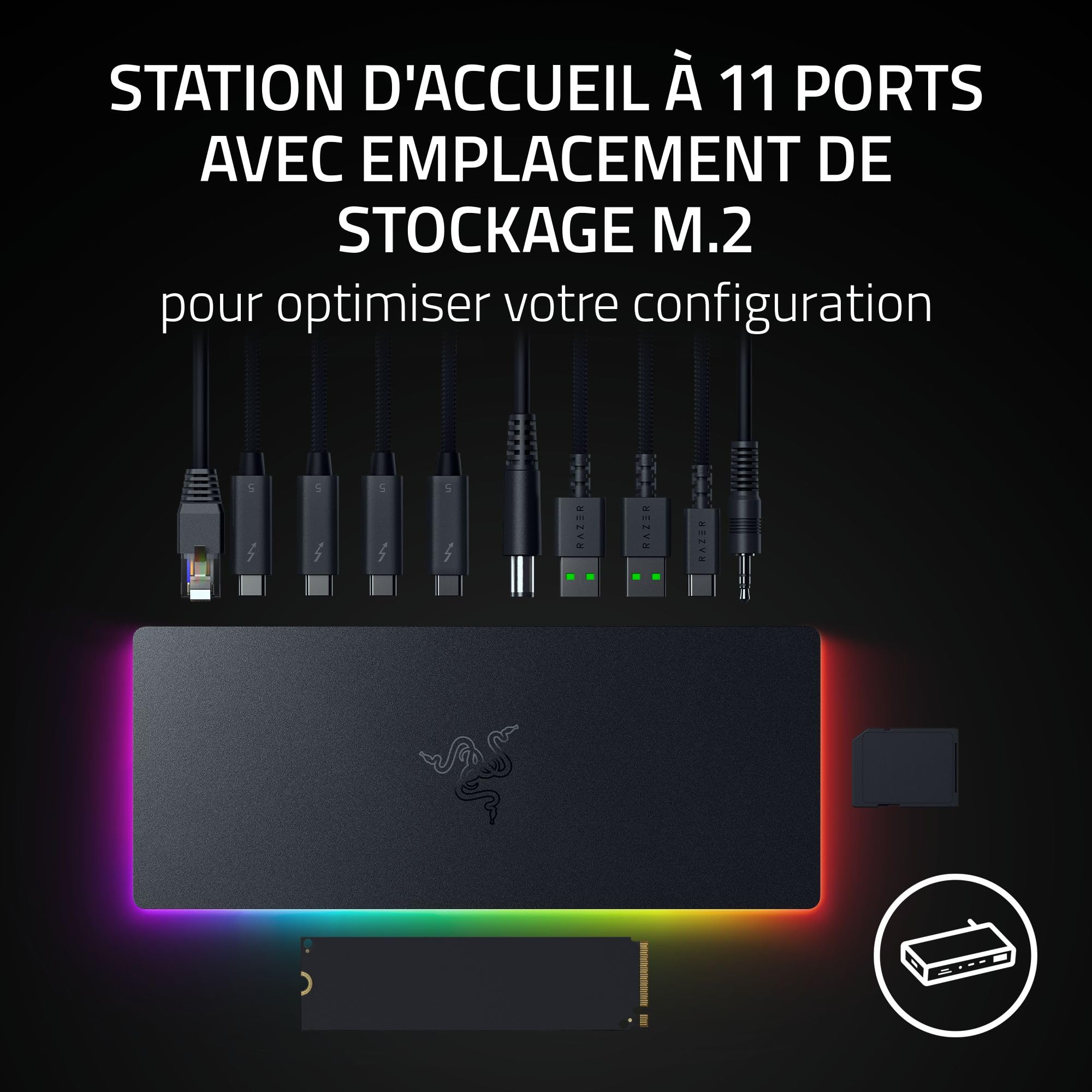 Razer Thunderbolt 5 Dock Chroma - Station d'accueil 11 Ports USB-Thunderbolt - 3X DisplayPort USB-C - Ethernet - Passthrough 140W - Carte SD/UHS - 3X USB - Extension M.2 - Prise UE - PC/Mac | Noir