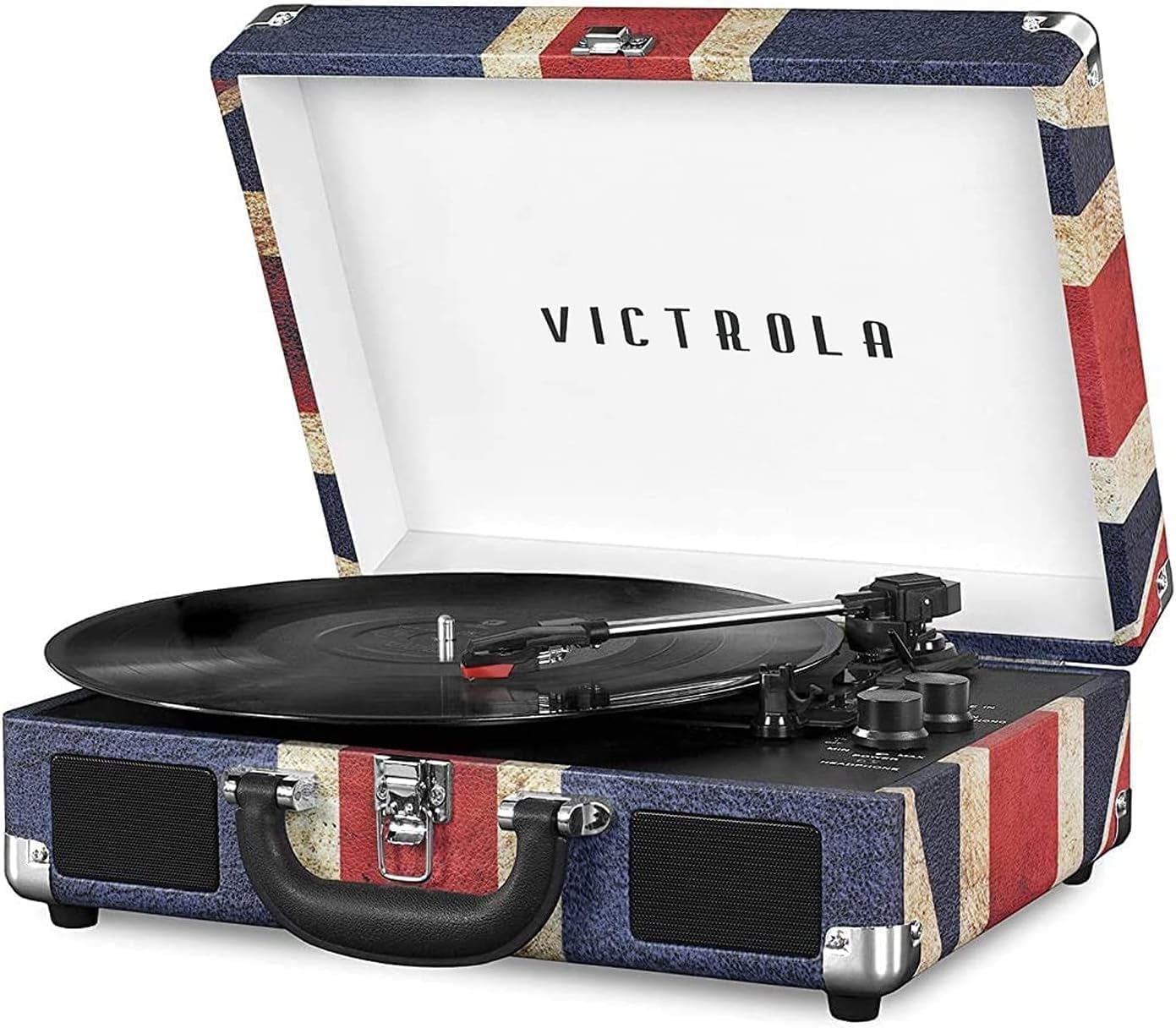 Victrola Journey Bluetooth Portable Suitcase Record Player – with Built-in Speakers, 3 Speed Vinyl Record Player, RCA Out, Headphone Jack (UK Flag)