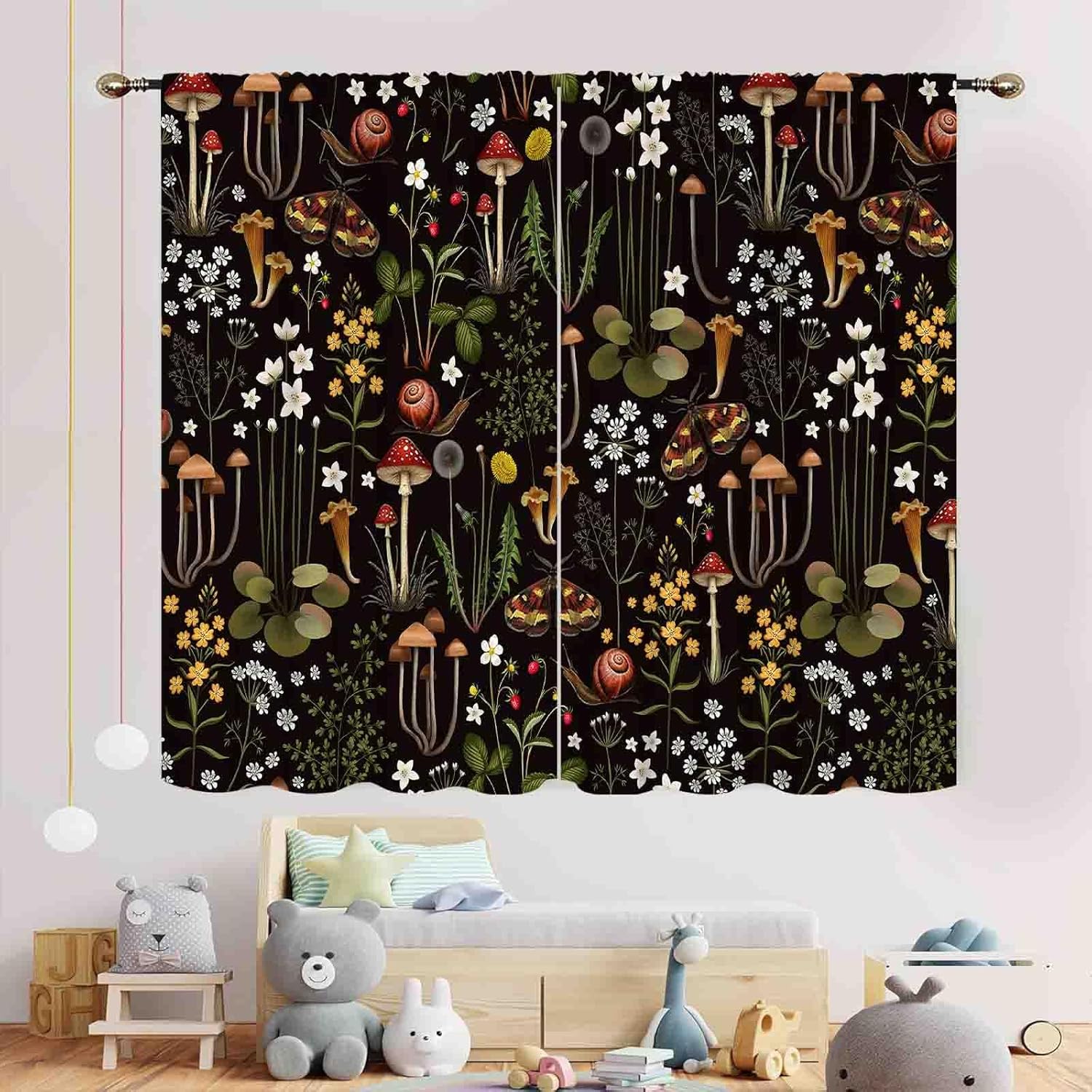 Mushroom Curtains, Retro Wild Floral Botanical Mushroom Cottagecore Nature Plants Herbs Farmhouse Blackout Drapes for Kitchen Bedroom Living Room Window Treatments 2 Panels, 42"x63" Inch