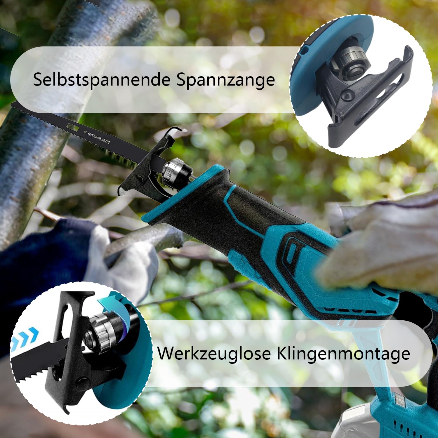 Sierra de sable inalámbrica compatible con batería Makita de 18 V, sierra de sable inalámbrica para serrar madera/acero con 4 hojas de sierra sable, gafas protectoras y guantes (sin batería/sin