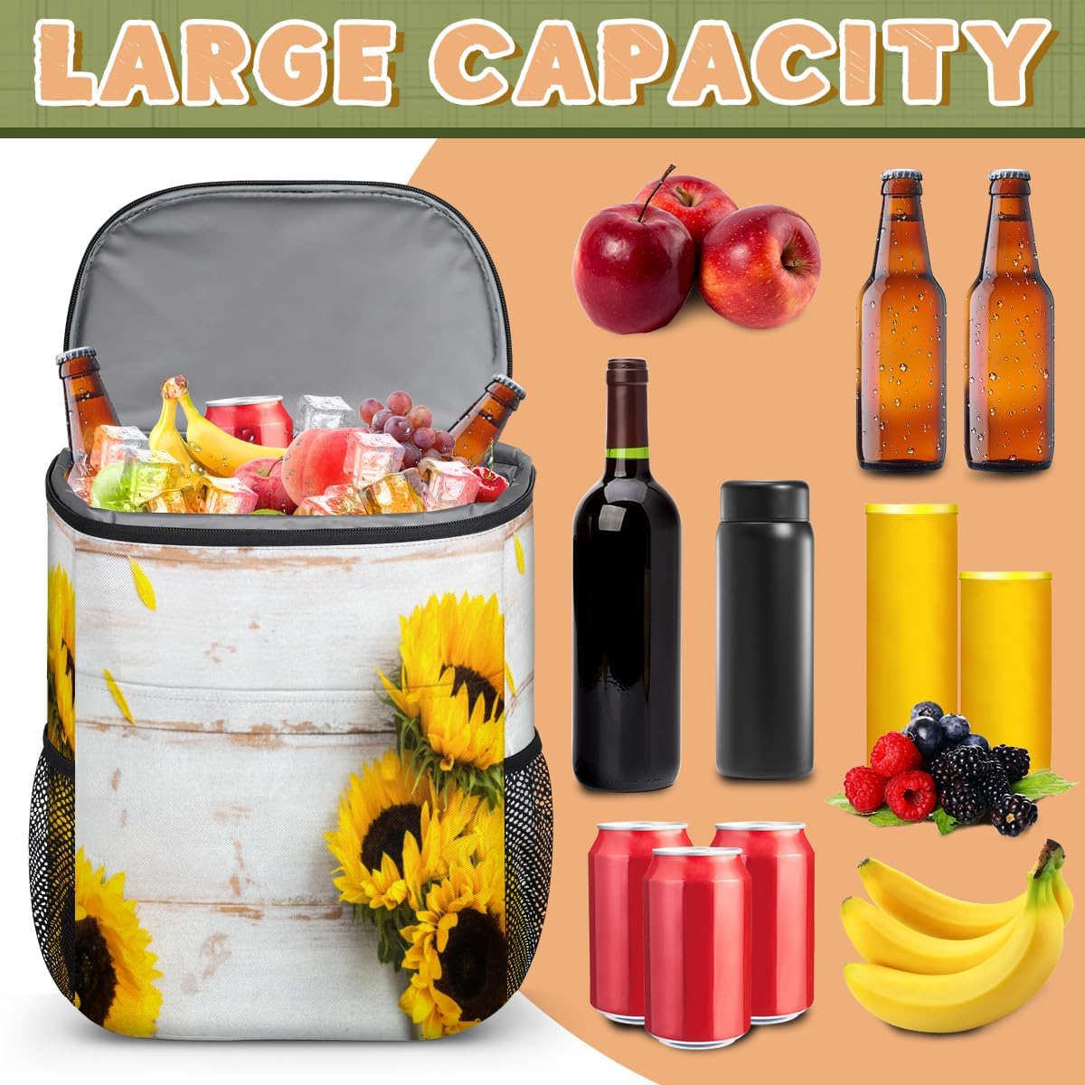 Sunflower On Board Backpack Coolers Insulated Leak Proof Lightweight Cooler Bags Insulated Portable Backpack Cooler for Lunch Picnic Hiking Camping Beach Park Day Trips Beer