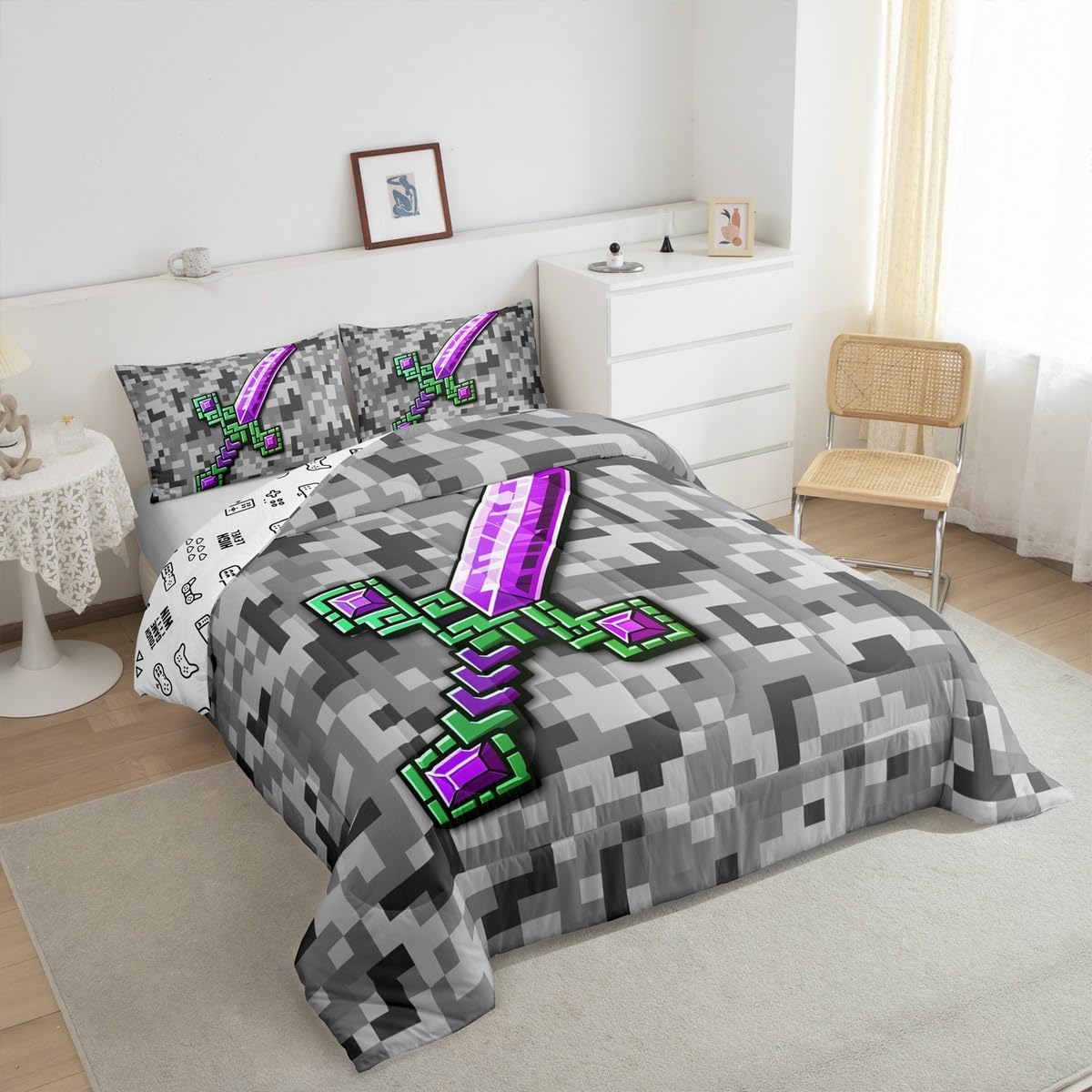 Castle Fairy Green Purple Sword Comforter Set Queen Size,Miner Check Bedding Set 3Pcs for Kids Teens Adults Room Decor,Video Games Duvet Insert Cool Pixel Quilted Duvet Sets,2 Pillowcases