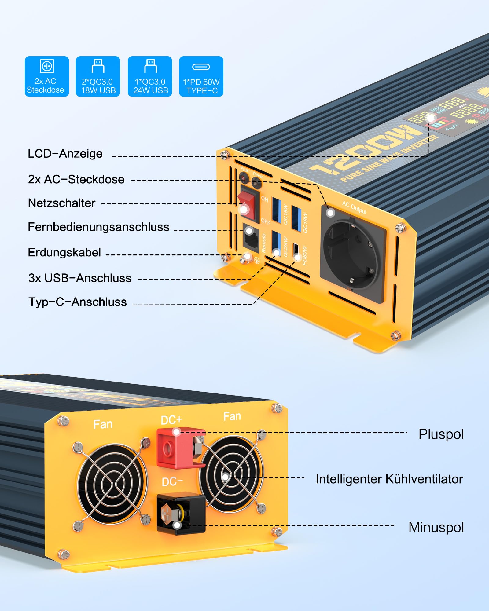 Convertidor de Voltaje 1200W/2400W Inversor de Onda Sinusoidal Pura 12V a 230V, Pantalla LCD para Autocaravana Camión Coche
