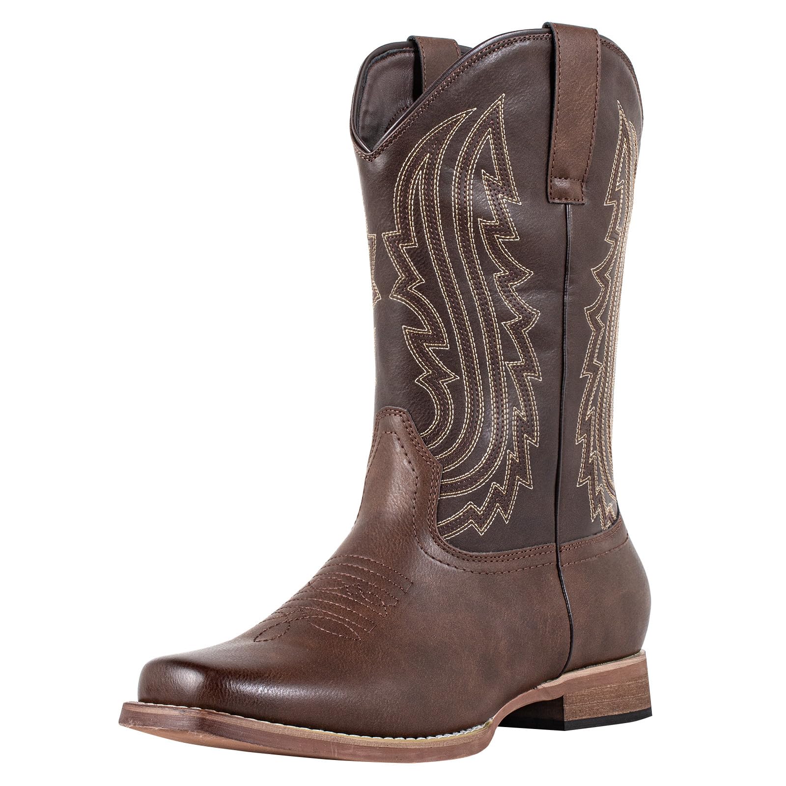 J's.o.l.e Stivali da cowboy da uomo, stile western, punta quadrata, retrò, ricamati, senza lacci, larghi, per equitazione, campagna, lavoro, marrone