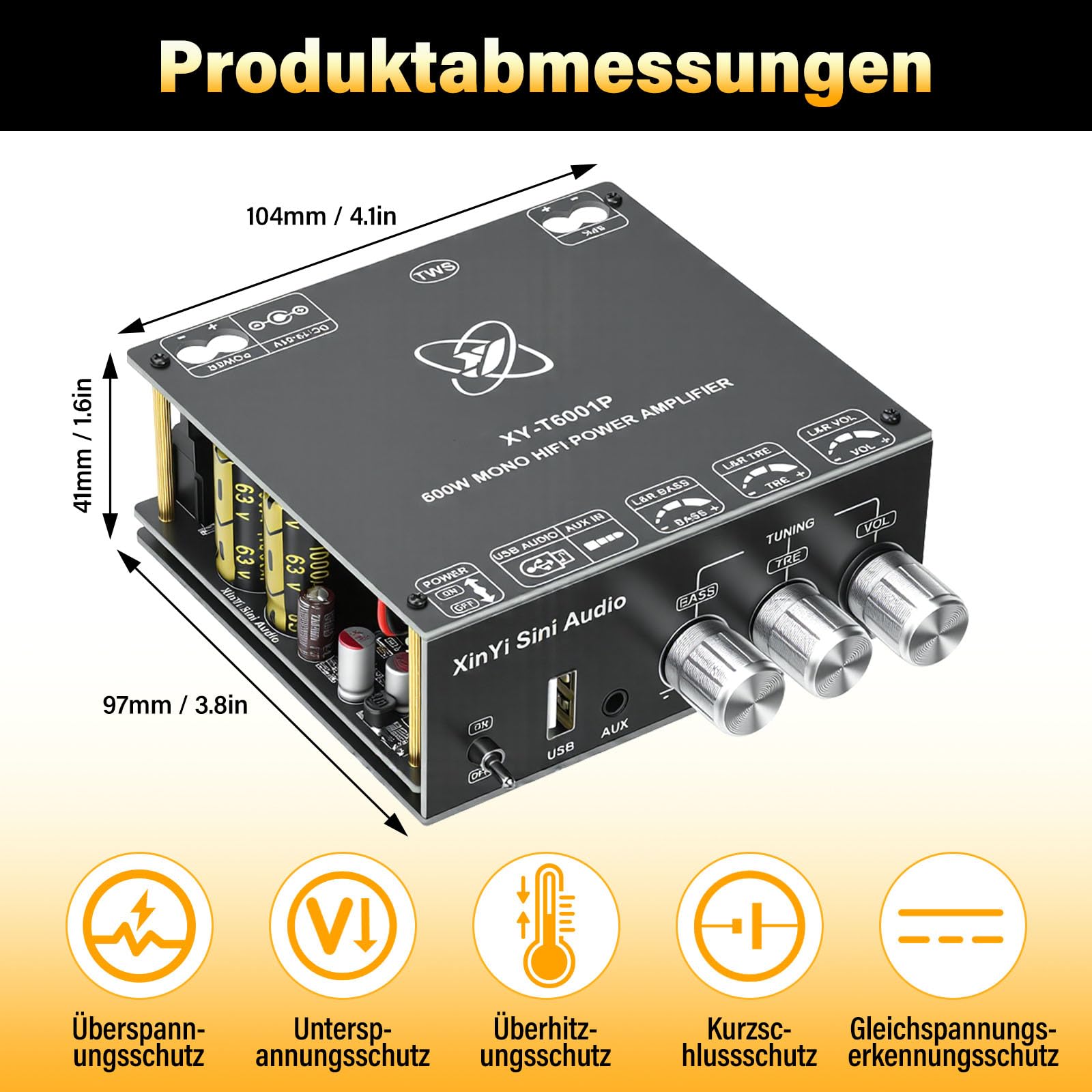 HiFi Verstärker Modul mit Bluetooth 5.0, 600W Subwoofer TWS Mono Digital Stereo Audio Verstärker Board TPA3255 Chips, AAC/SBC, DC 19-51V/10A, BT 5.0/USB/AUX, für DIY Lautsprecher