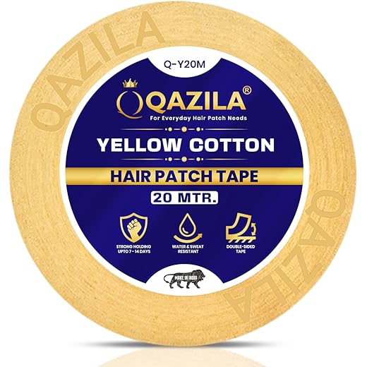 Qazila Yellow Cotton Hair Patch Tape | Strong Hold 7-14 Days (20-30 Days with Glue) | Water & Sweat Resistant | Skin-Friendly | Easy to Apply & Remove | For Monofilament Patches (1 Inch x 20 Meters)