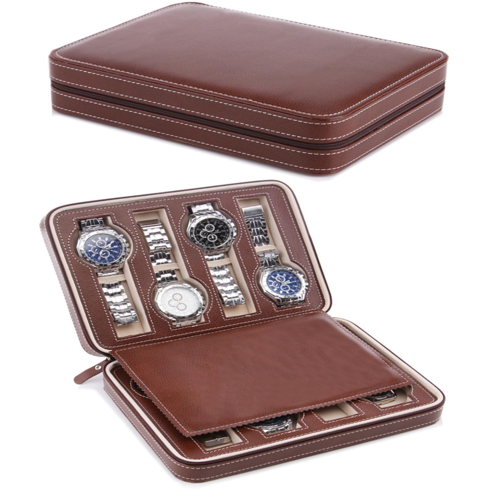 Heiegdr Watch Box for Men, 2/4/8 Slot Travel PU Leather Watch Display Case Watch Storage Holder Organizer with Zipper Design (Brown, 8 Slot)