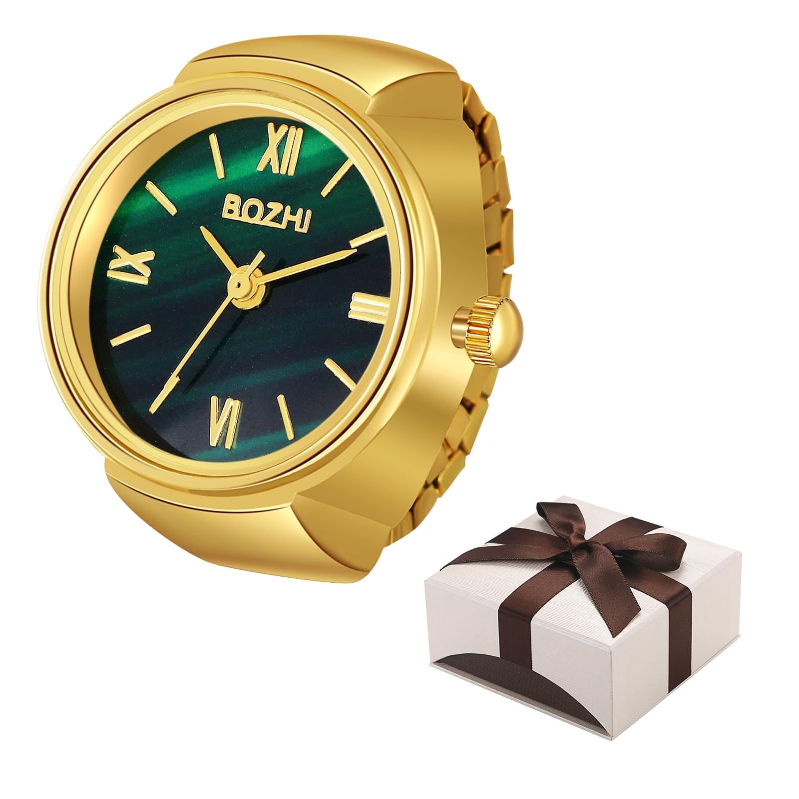 JewelryWe Finger Watch for Women - Stretchy Elastic Band Round Simple Dial Quartz Ring Watches for Daily and Office