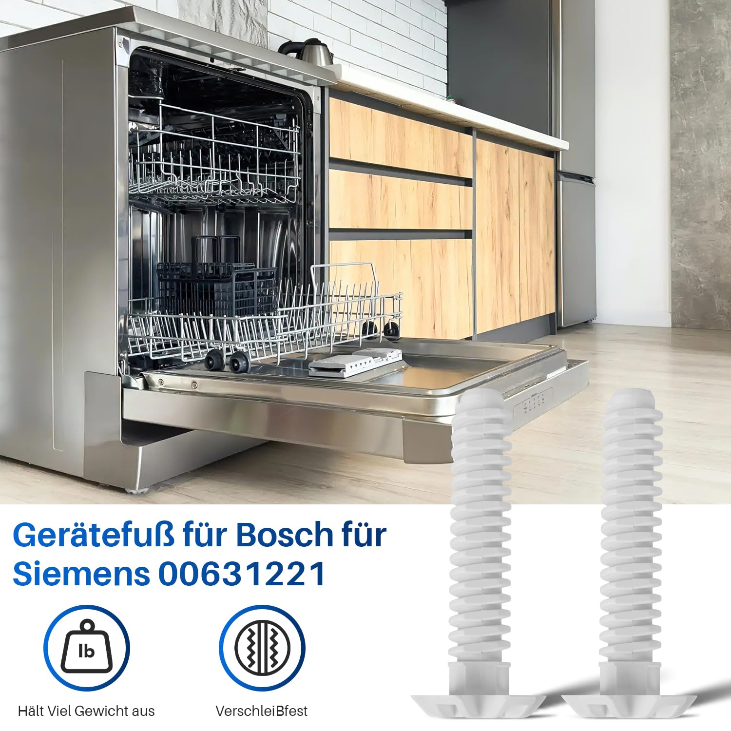 Bosch Lot de 2 pieds avant blancs pour lave-vaisselle Siemens 631221 00631221, iQ100, iQ300, iQ500, iQ700, StudioLine, classe extraordinaire PerfectDry Avantixx Logixx HydroStar 105 mm