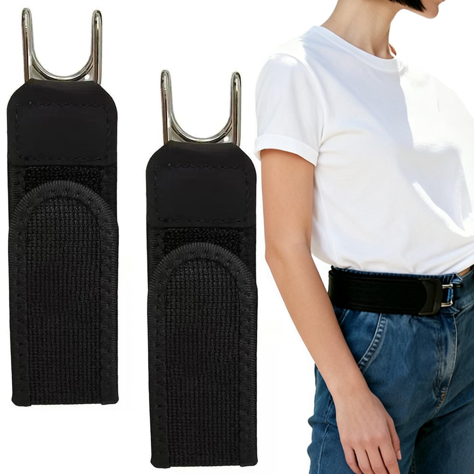 Wntjn Unisex Black 2 Pcs No Buckle Elastic Belt, Buckleless Metal Hook Stretch Belts For Men Women, Adjustable Invisible Side Waist Strap For Work, Business, Casual, Travel, Commuting & Jeans