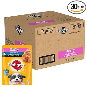 Pedigree Puppy Wet Dog Food, Chicken Liver in Loaf Flavour with Vegetables, 30 x70 g Pouches