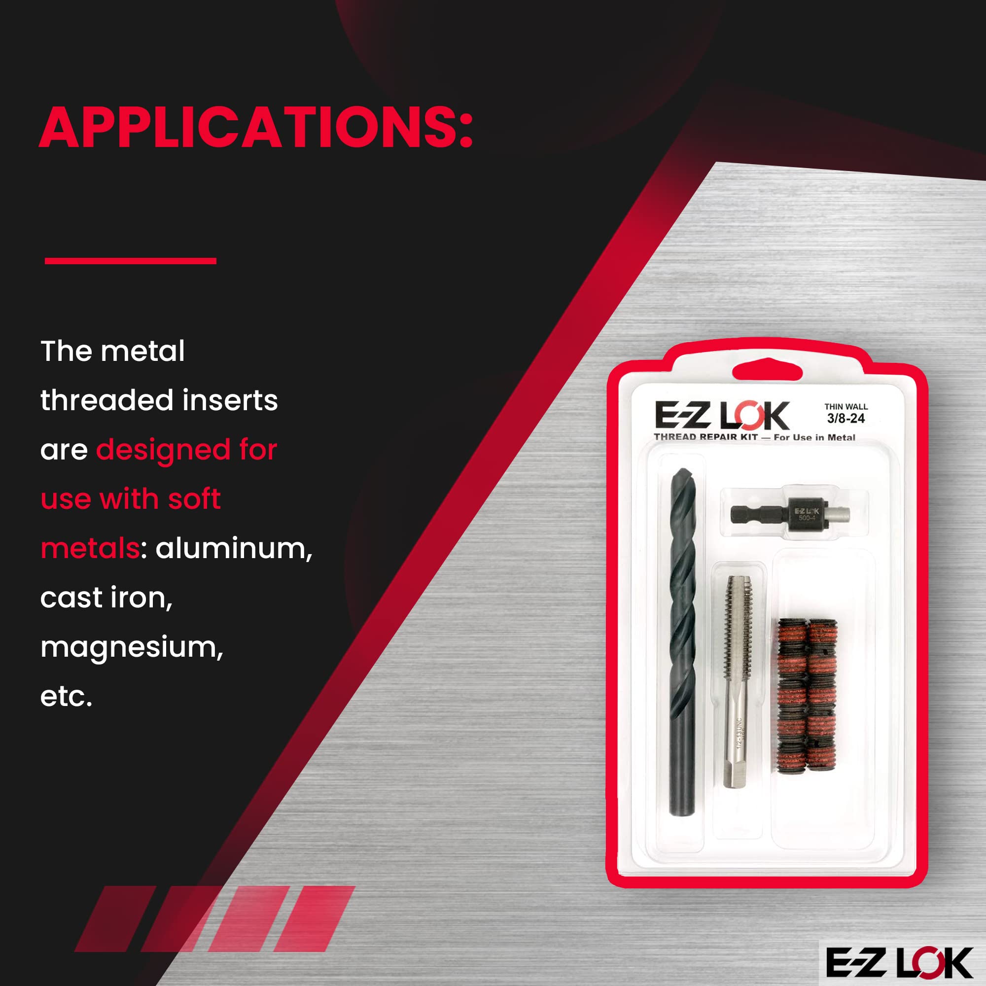 E-Z Lok Ez-310–624 inserts filetés pour le métal, 3/8–24 Kit d'installation, EN ACIER, Noir Oxyde