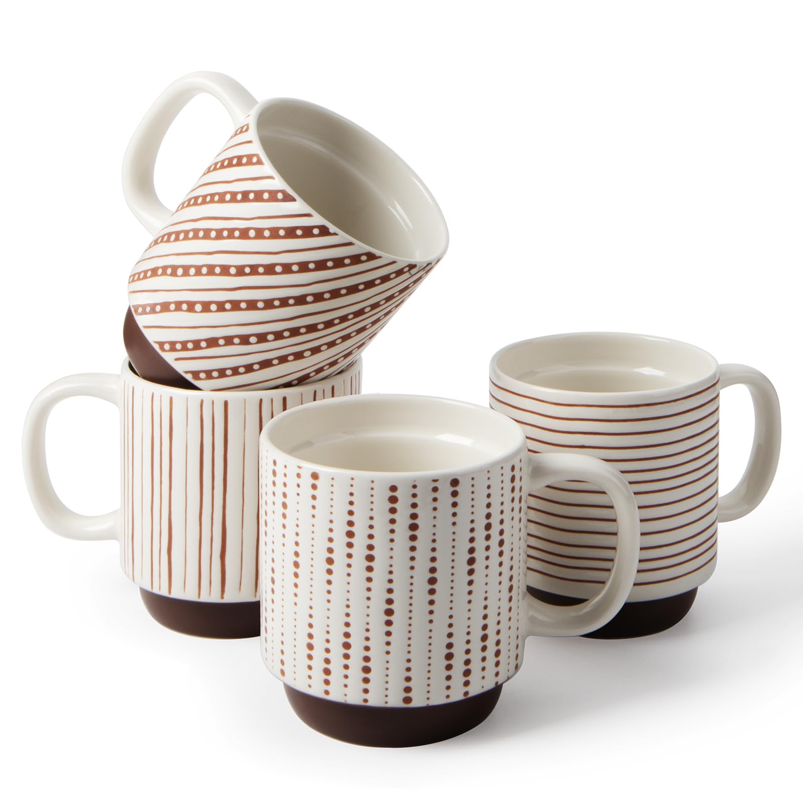 DOWAN Stackable Ceramic Coffee Mugs Set of 4, 360ml Large Coffee Cup for Tea/Latte/Cappuccino, Dishwasher & Microwave Safe, Modern Minimalist Brown